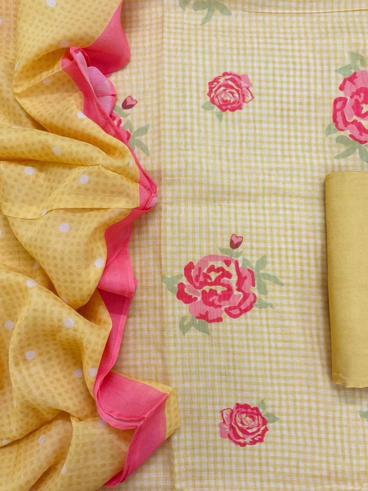 Image of Pure Muslin Silk Printed Suit - Yellow