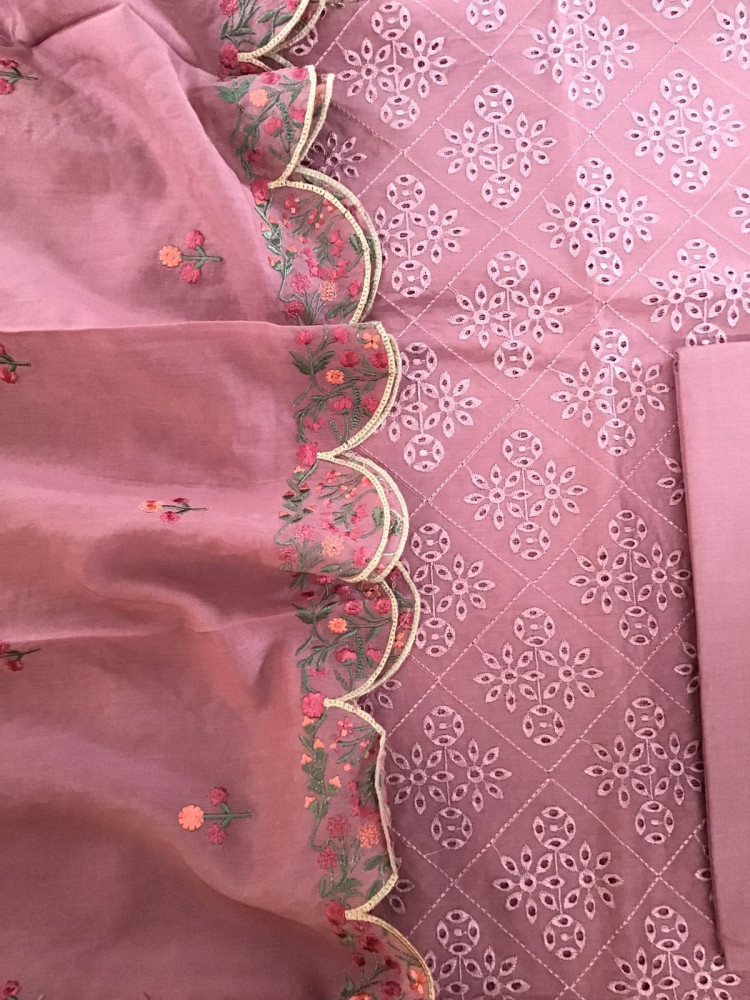 Image of Pure Chanderi Embroidered Suit - Onion Pink