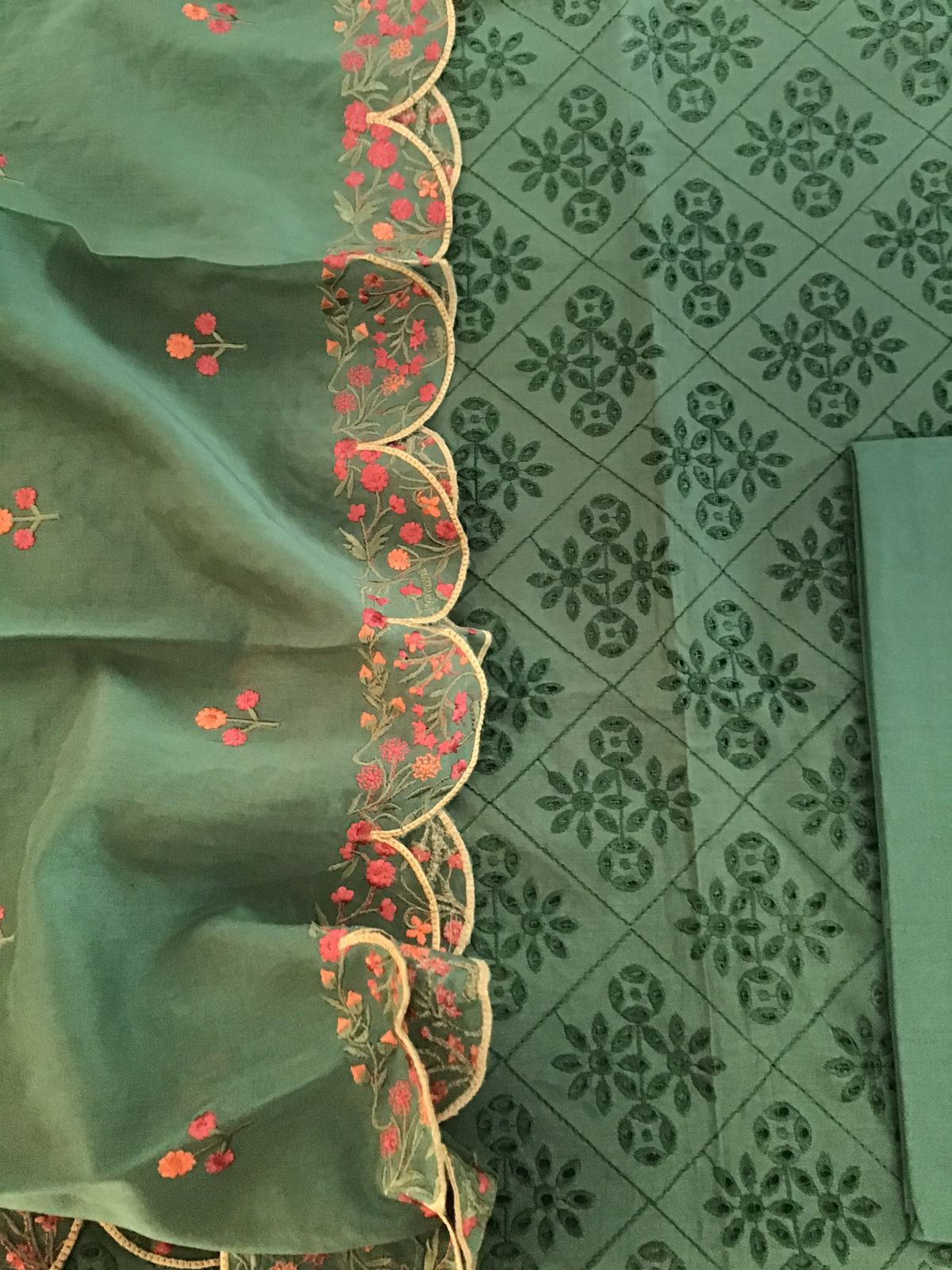 Pure Chanderi Embroidered Suit - Green