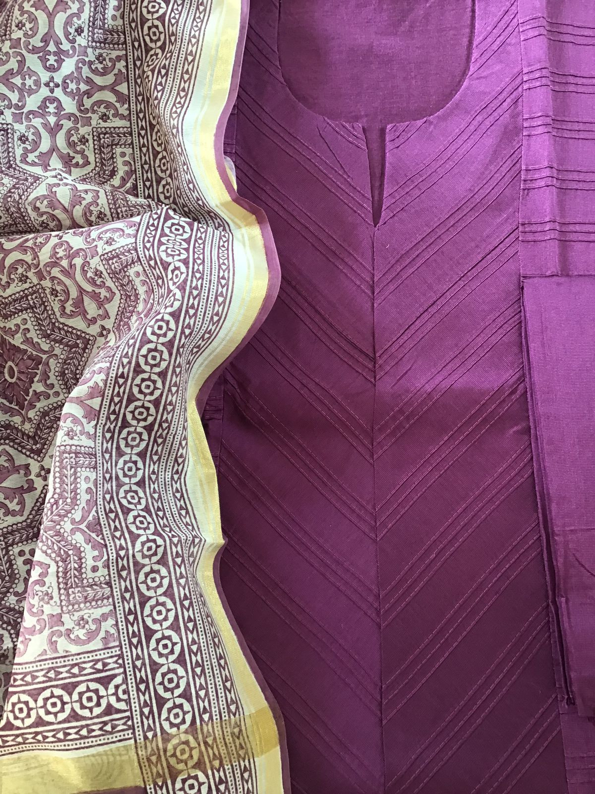 Pure Cotton Silk Printed Embroidered Suit - Wine