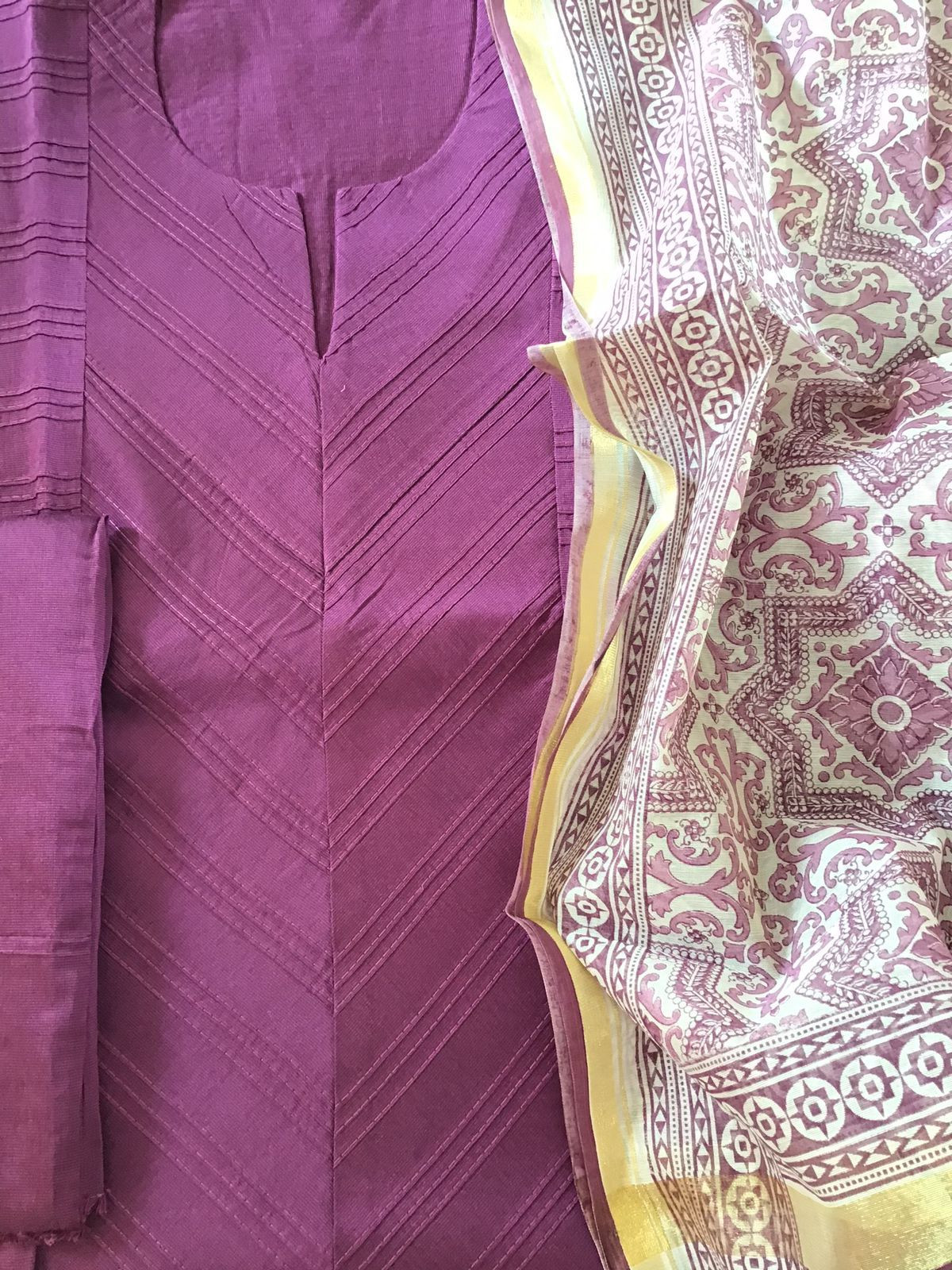 Pure Cotton Silk Printed Embroidered Suit - Wine