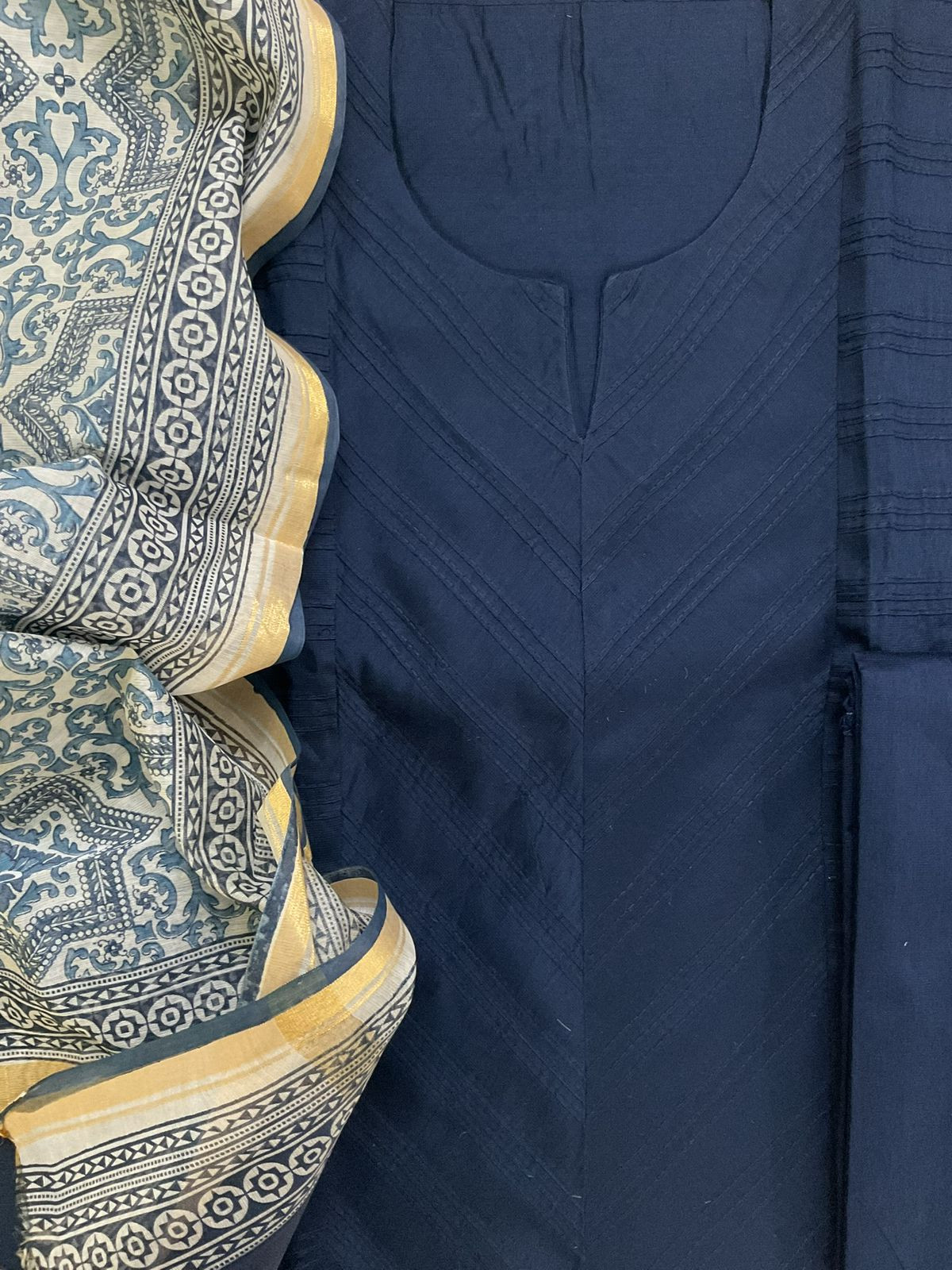 Pure Cotton Silk Printed Embroidered Suit - Blue