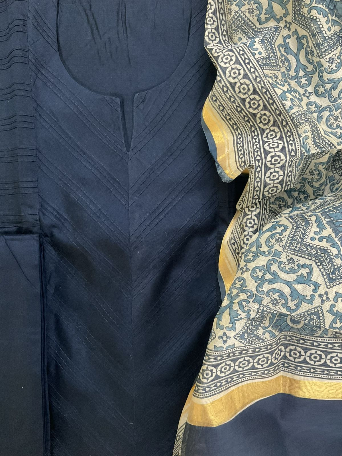Pure Cotton Silk Printed Embroidered Suit - Blue