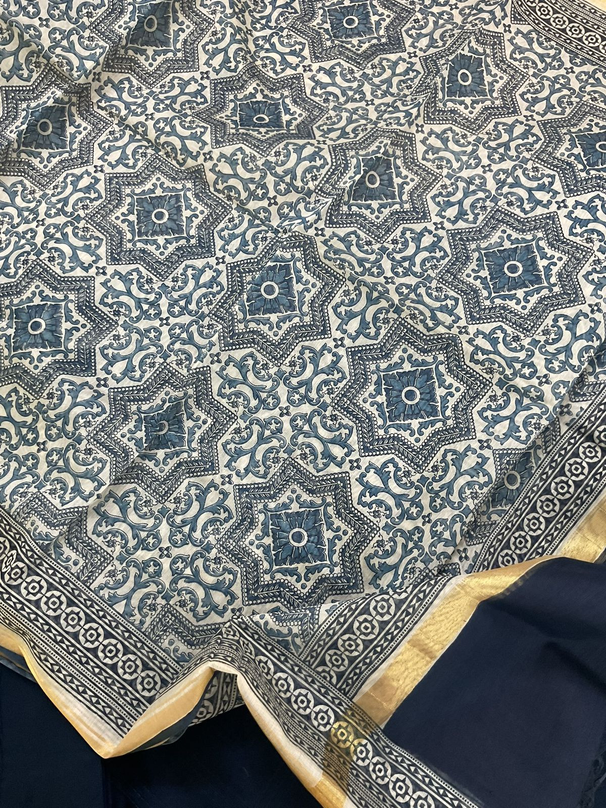 Pure Cotton Silk Printed Embroidered Suit - Blue