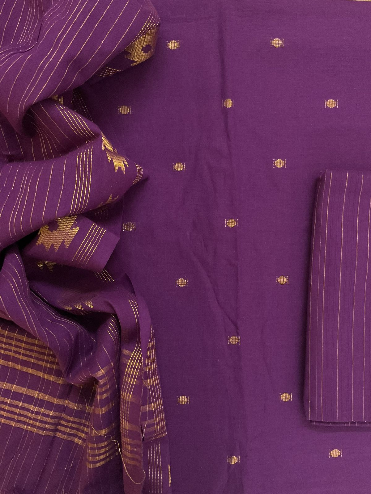 Pure Handloom Cotton Self Weaved Suit - Violet