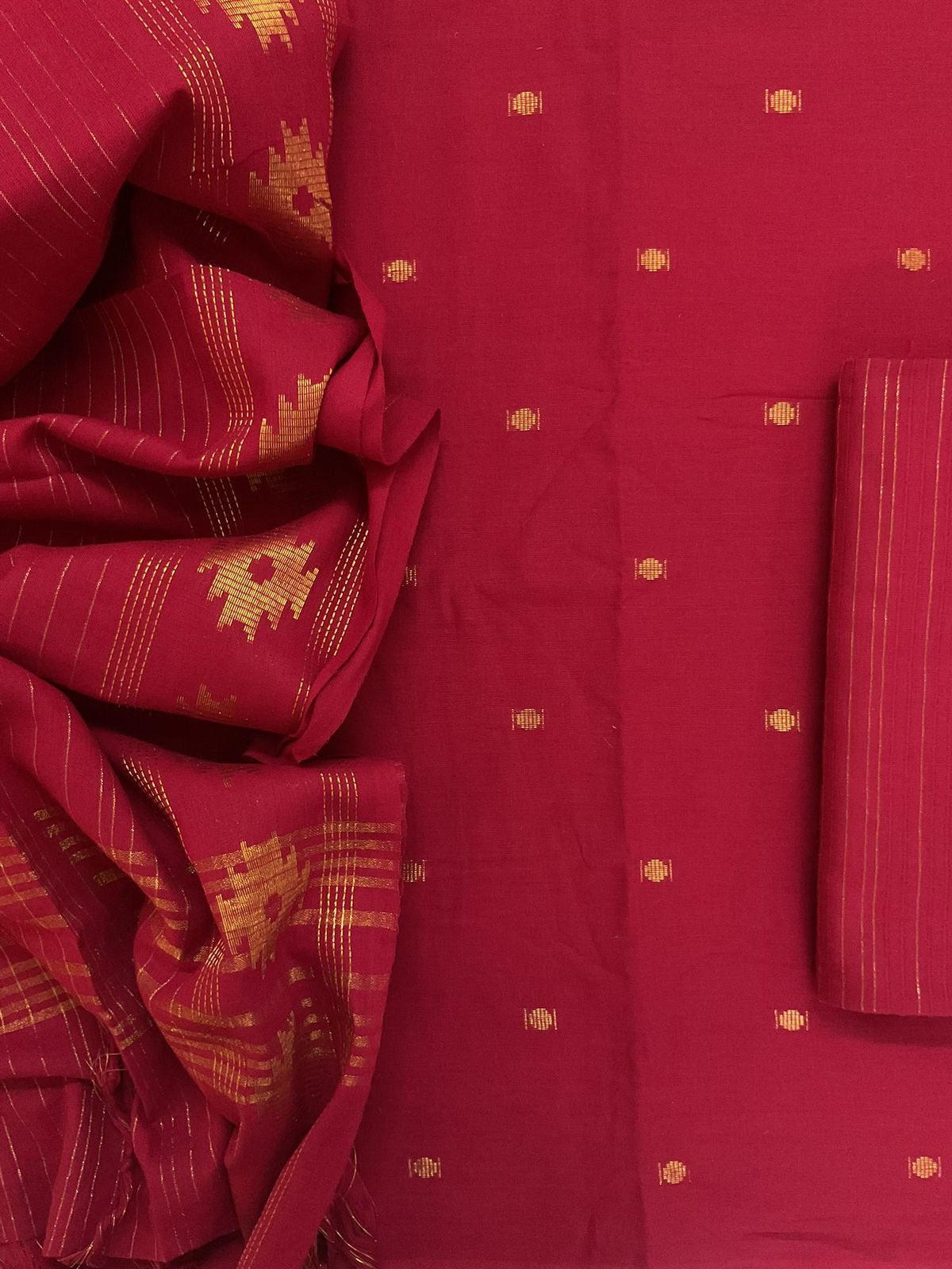 Pure Handloom Cotton Self Weaved Suit - Red