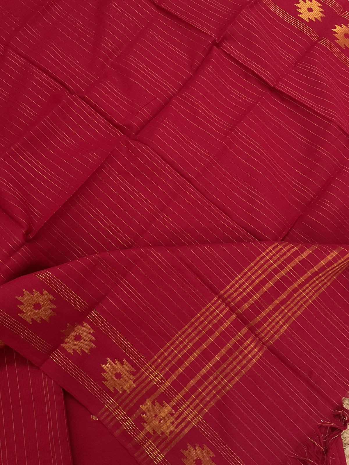 Pure Handloom Cotton Self Weaved Suit - Red