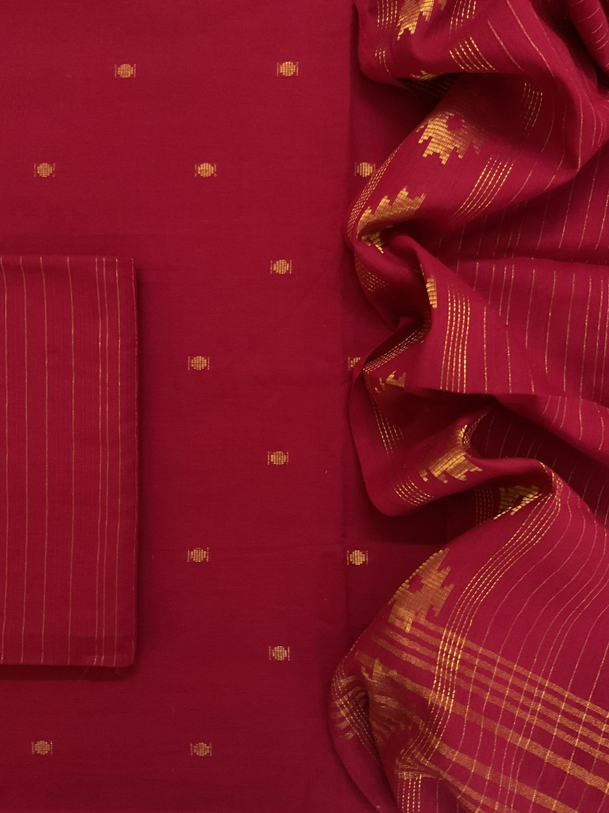 Pure Handloom Cotton Self Weaved Suit - Red