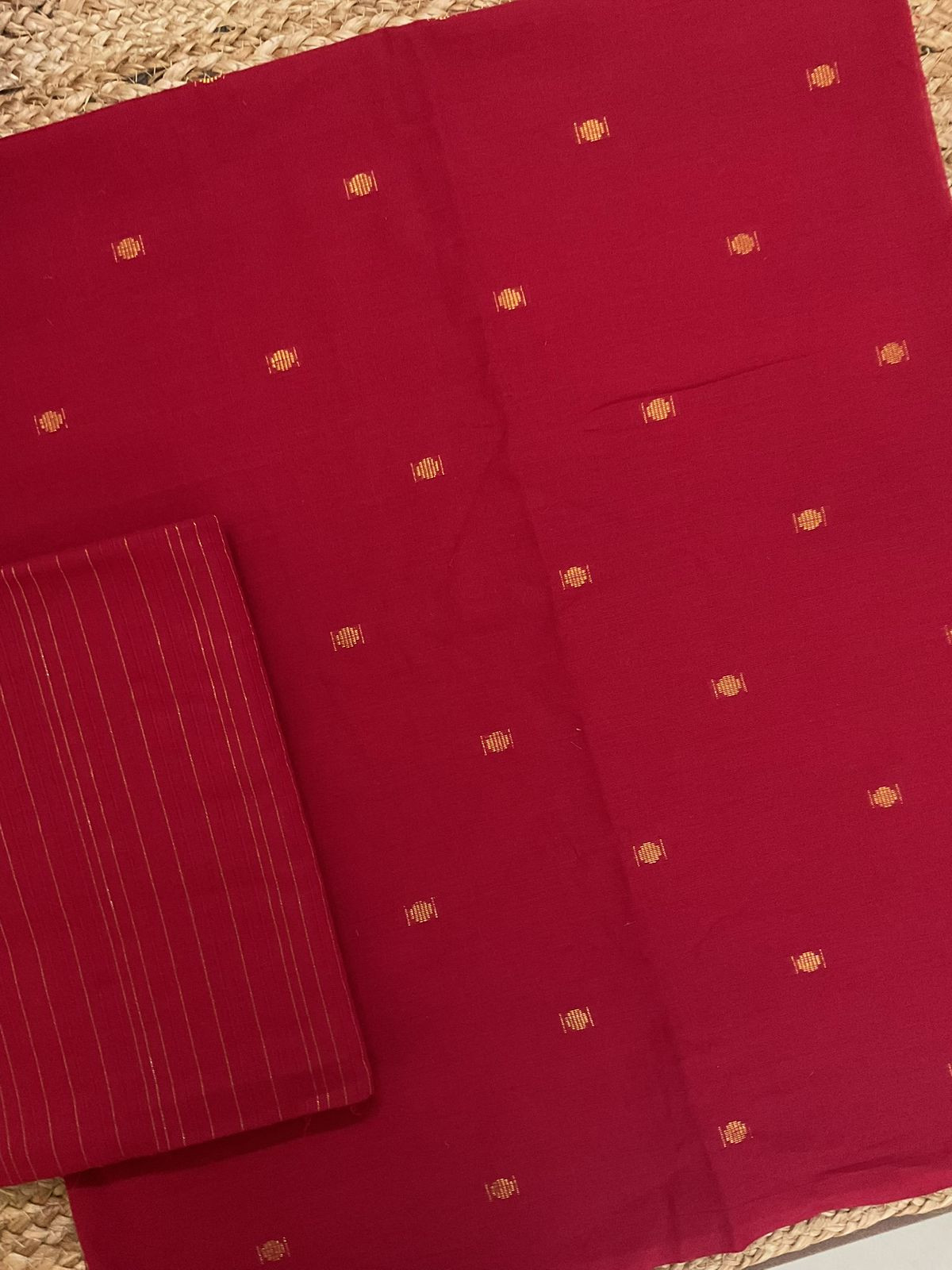 Pure Handloom Cotton Self Weaved Suit - Red
