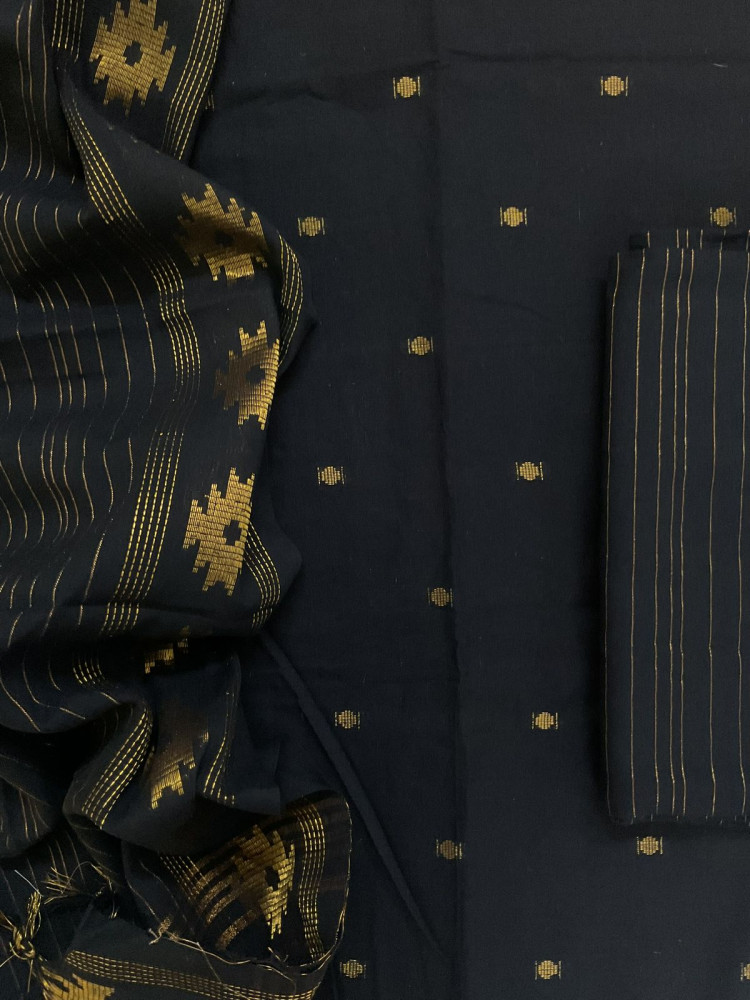 Image of Pure Handloom Cotton Self Weaved Suit - Black