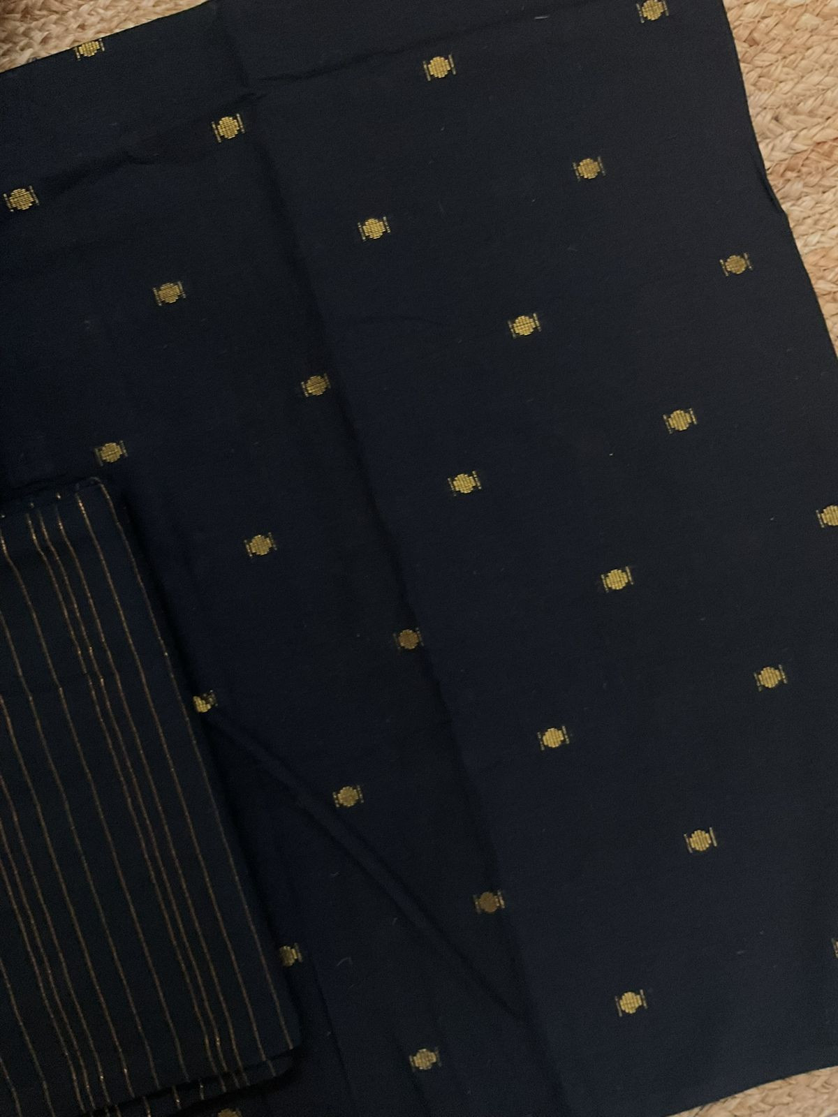 Pure Handloom Cotton Self Weaved Suit - Black