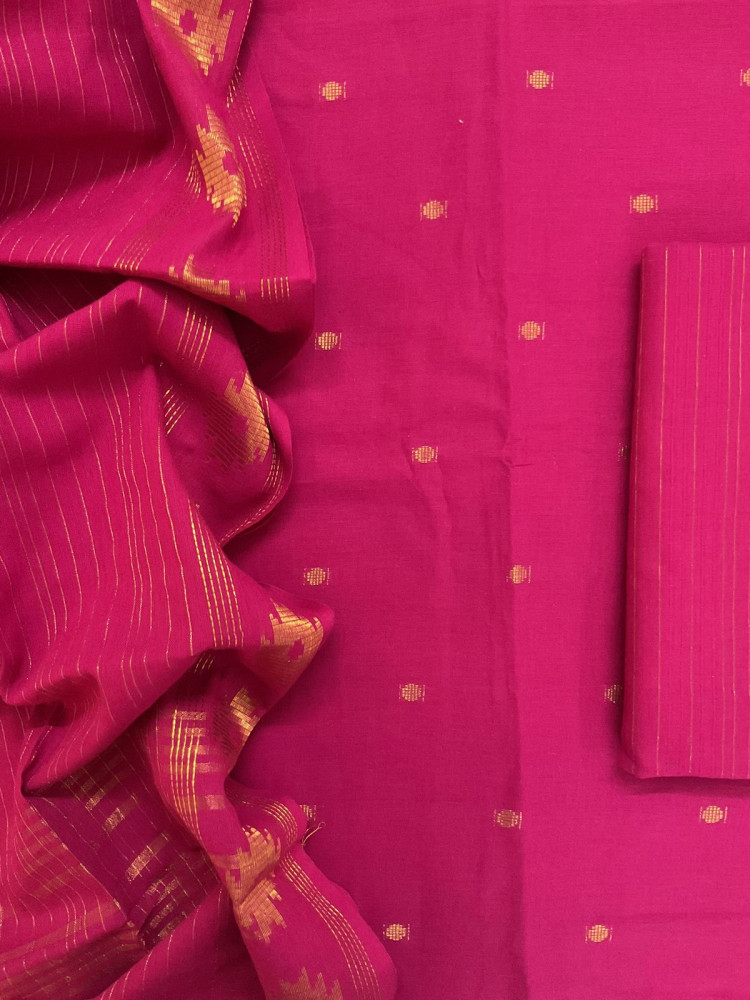 Image of Pure Handloom Cotton Self Weaved Suit - Pink