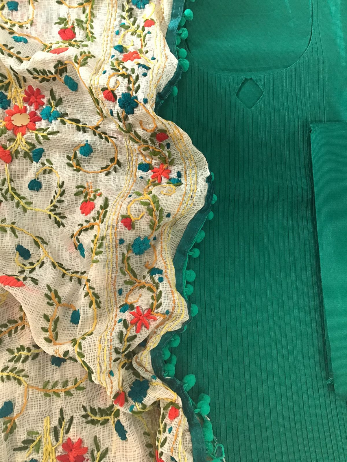 Pure Cotton Silk Embroidered Suit - Green