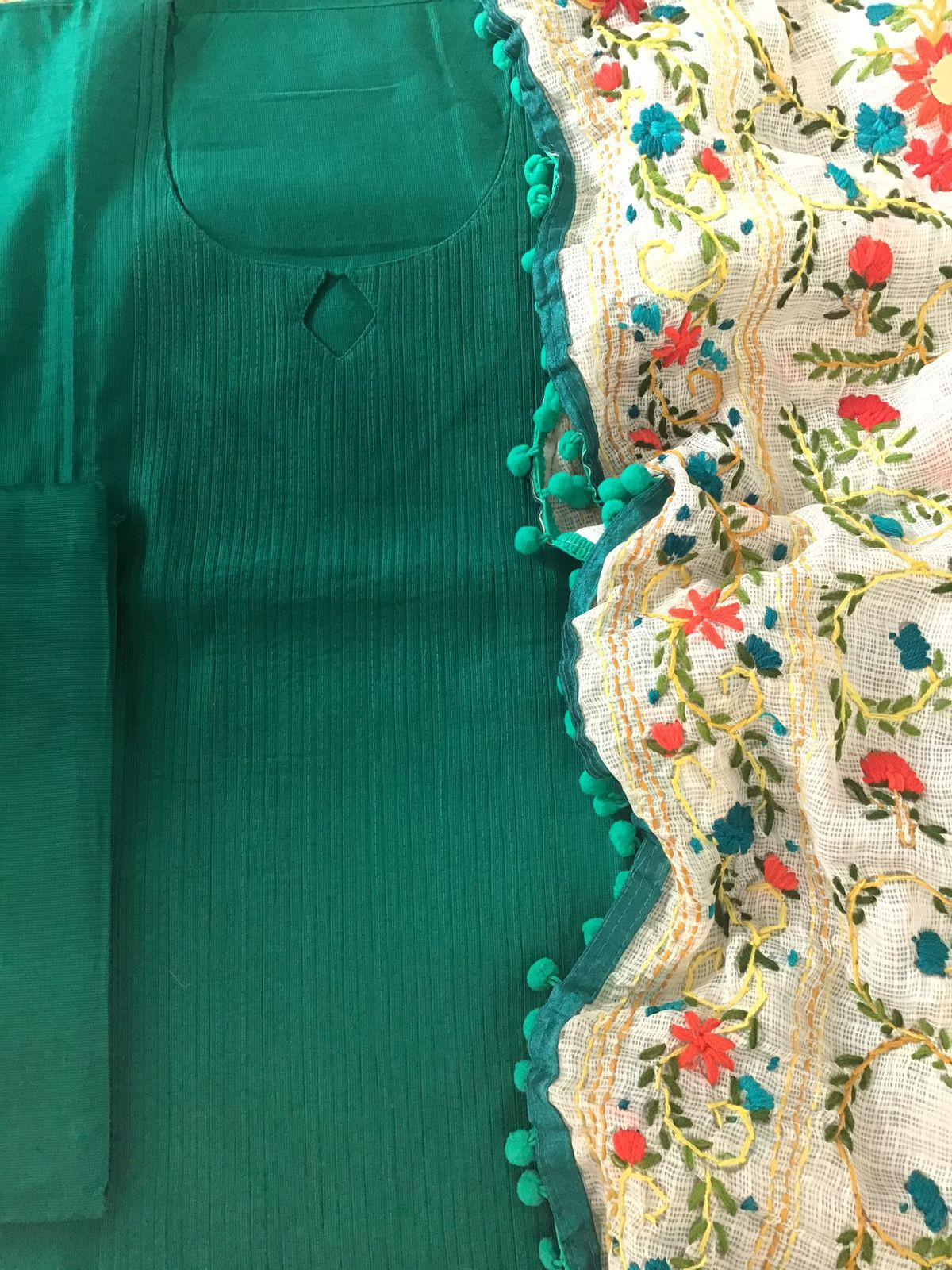 Pure Cotton Silk Embroidered Suit - Green