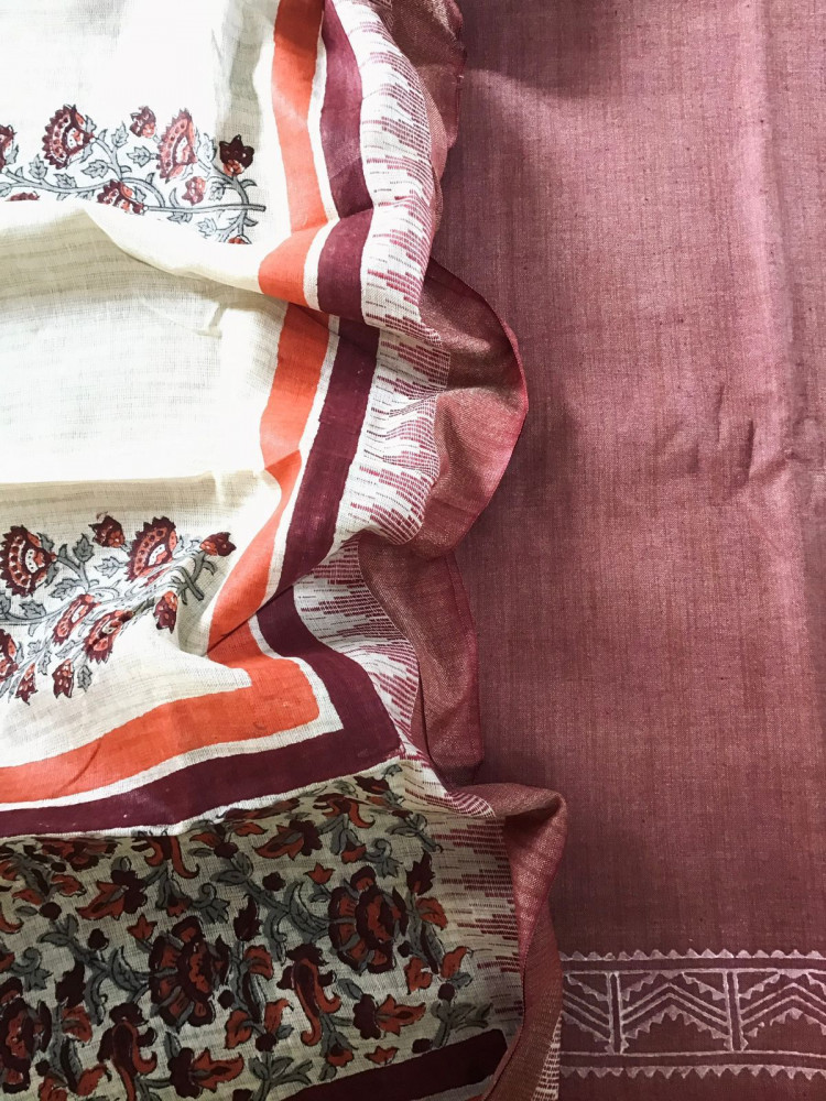 Image of Soft Khadi Silk Printed Suit - Peachish Brown