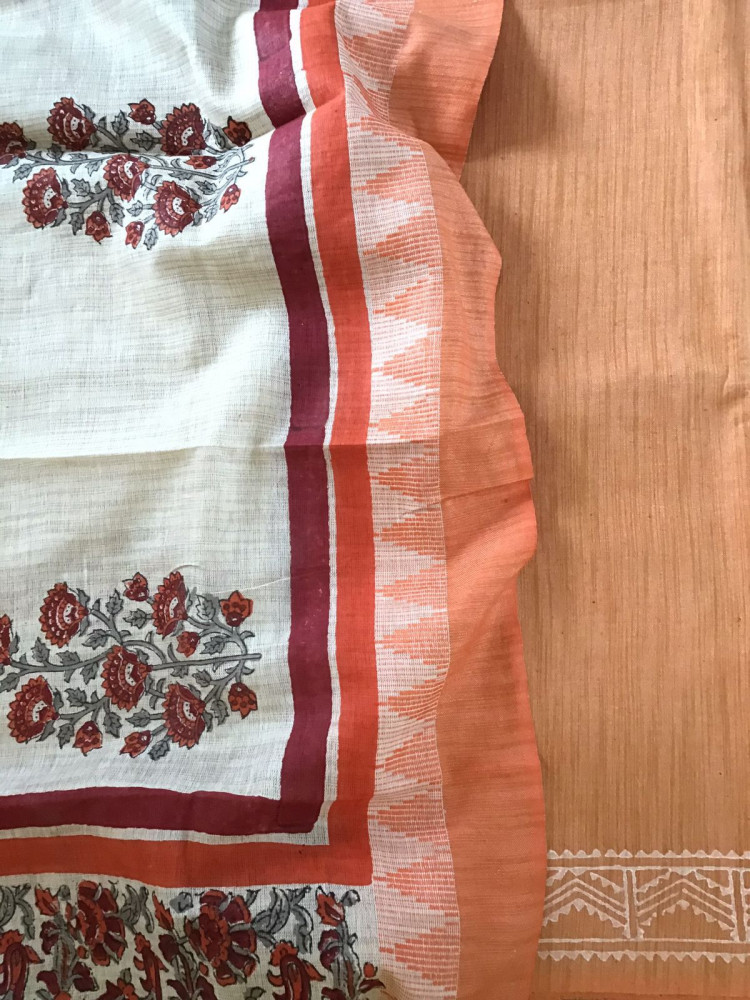 Image of Soft Khadi Silk Printed Suit - Orange