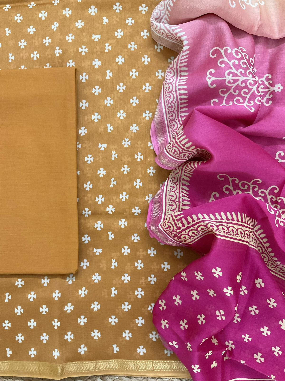 Pure Maheshwari Silk Printed Suit - Mustard