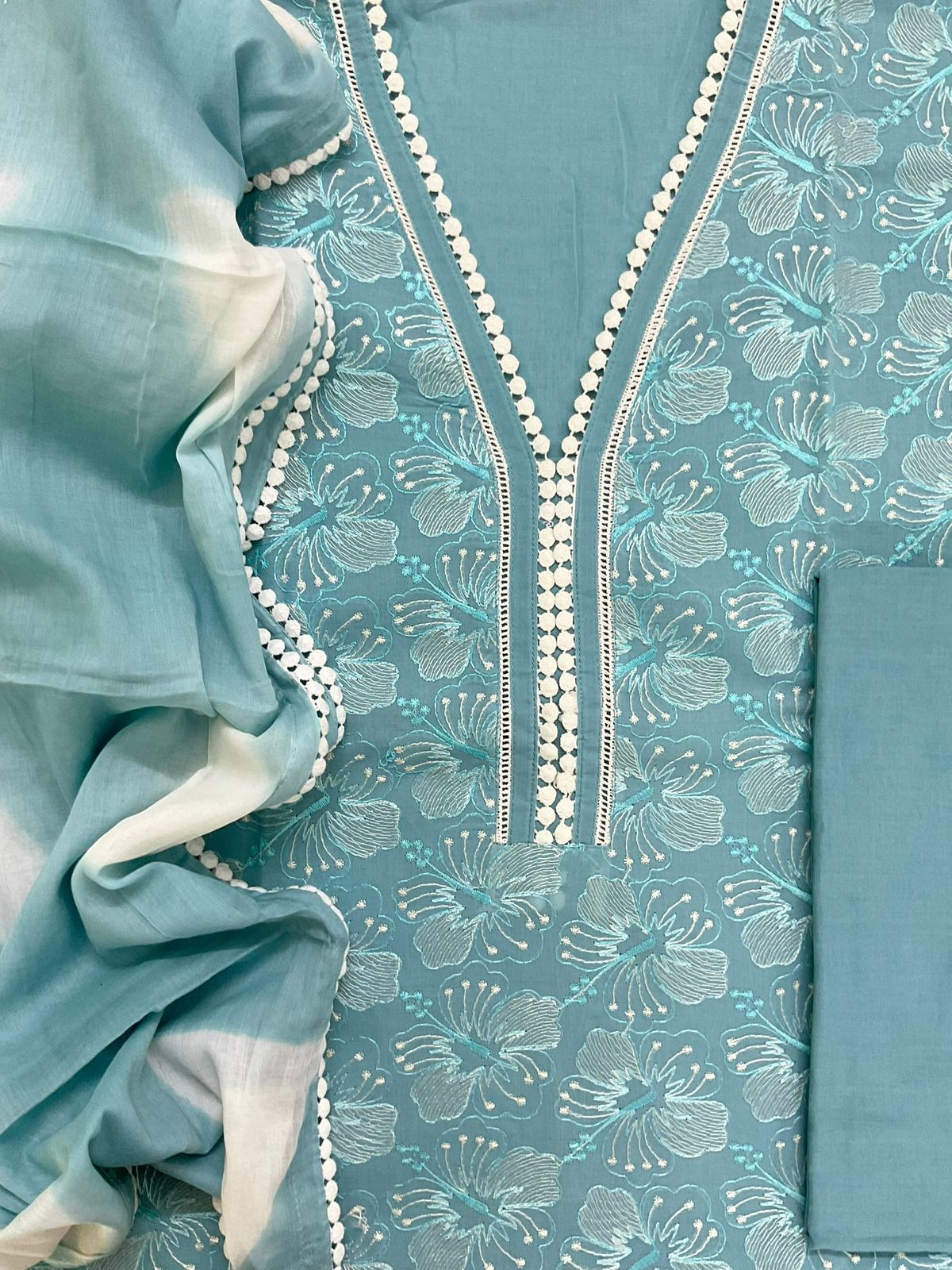 Pure Cotton Printed Embroidered Suit - Blue
