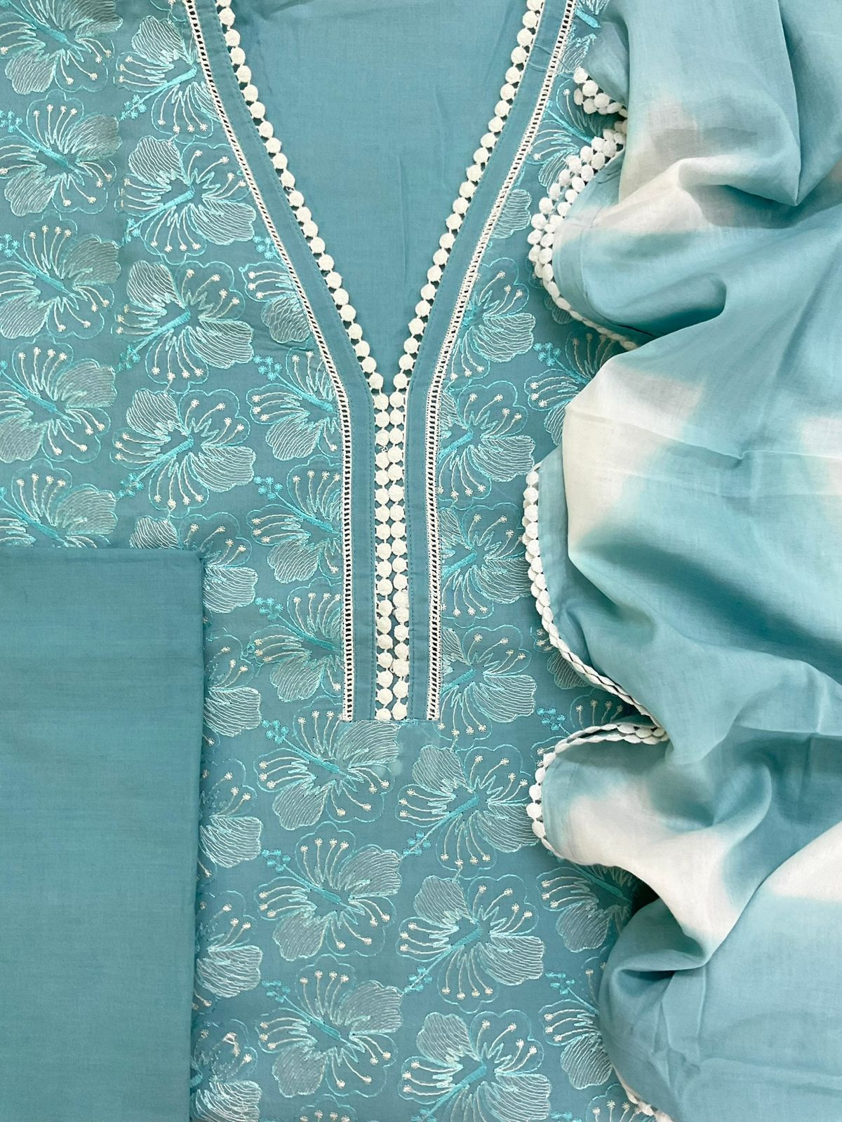 Pure Cotton Printed Embroidered Suit - Blue