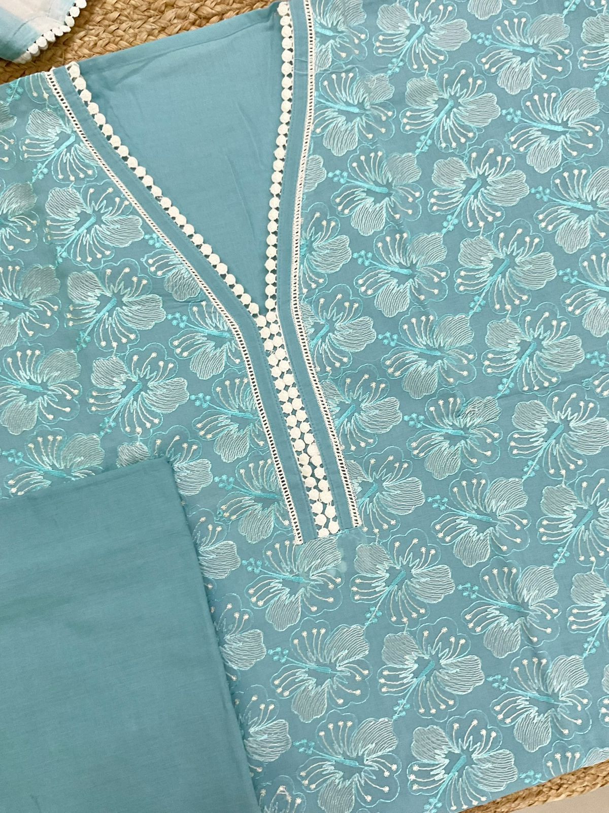 Pure Cotton Printed Embroidered Suit - Blue