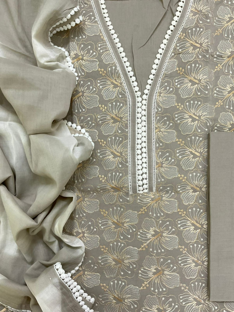 Image of Pure Cotton Printed Embroidered Suit - Grey