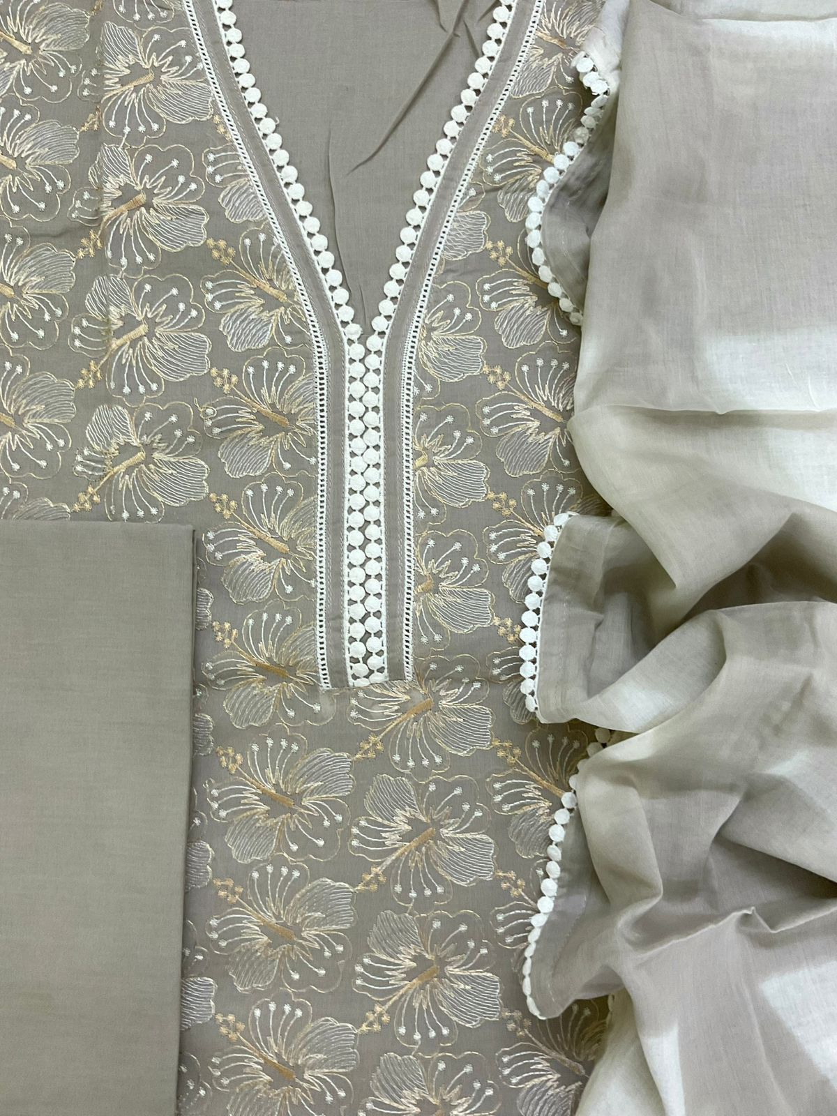 Pure Cotton Printed Embroidered Suit - Grey