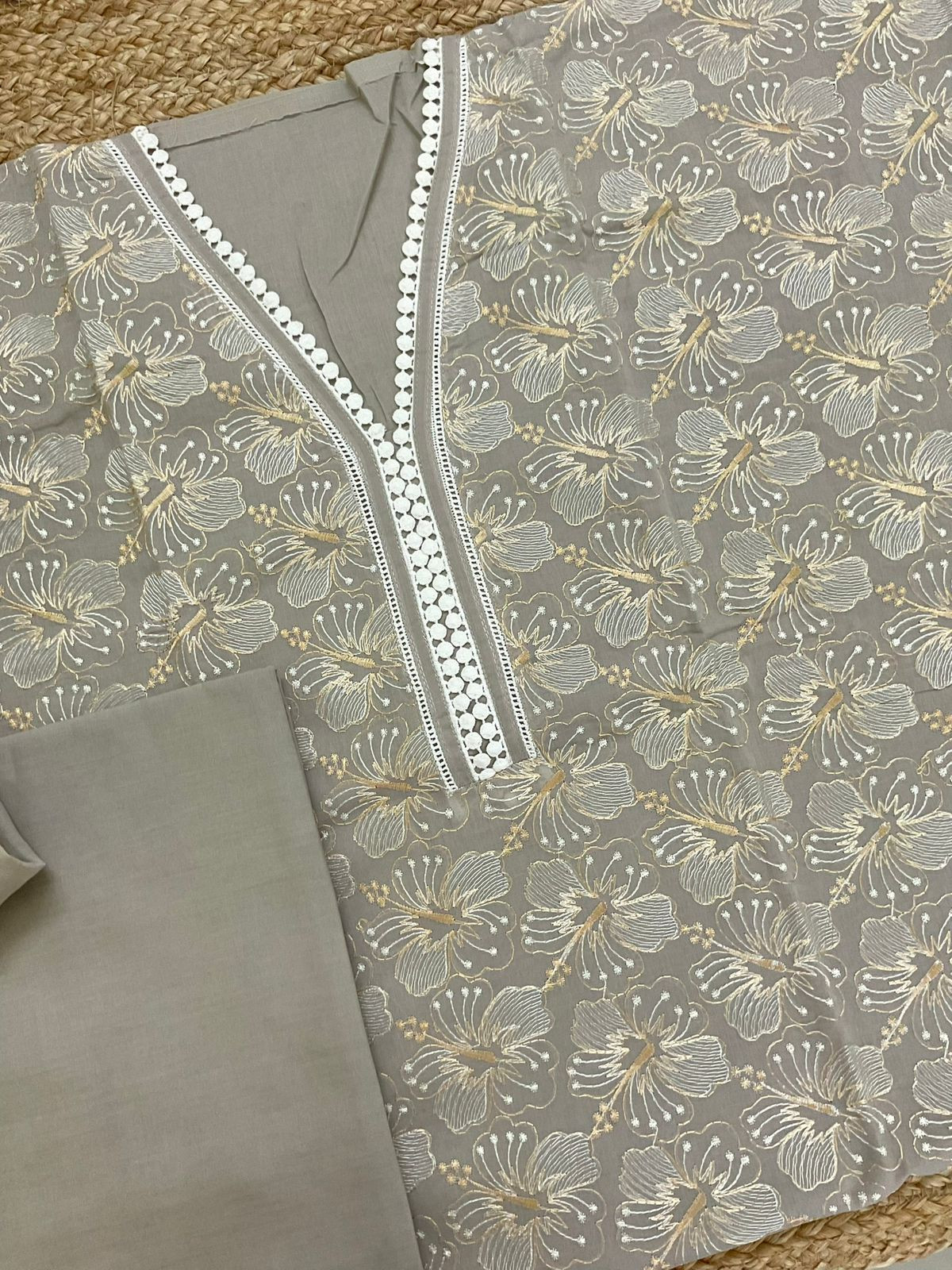 Pure Cotton Printed Embroidered Suit - Grey