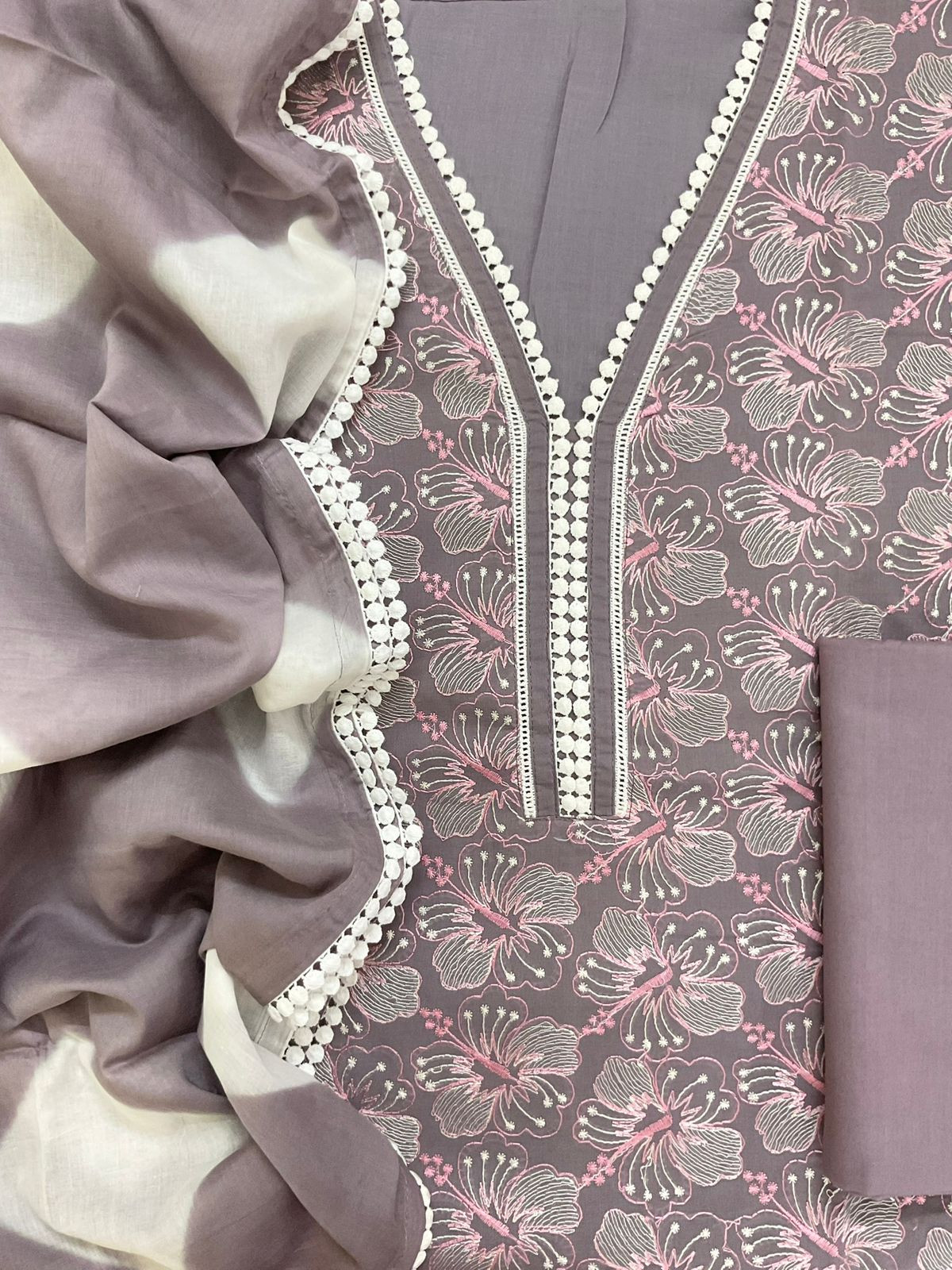 Pure Cotton Printed Embroidered Suit - Mauve