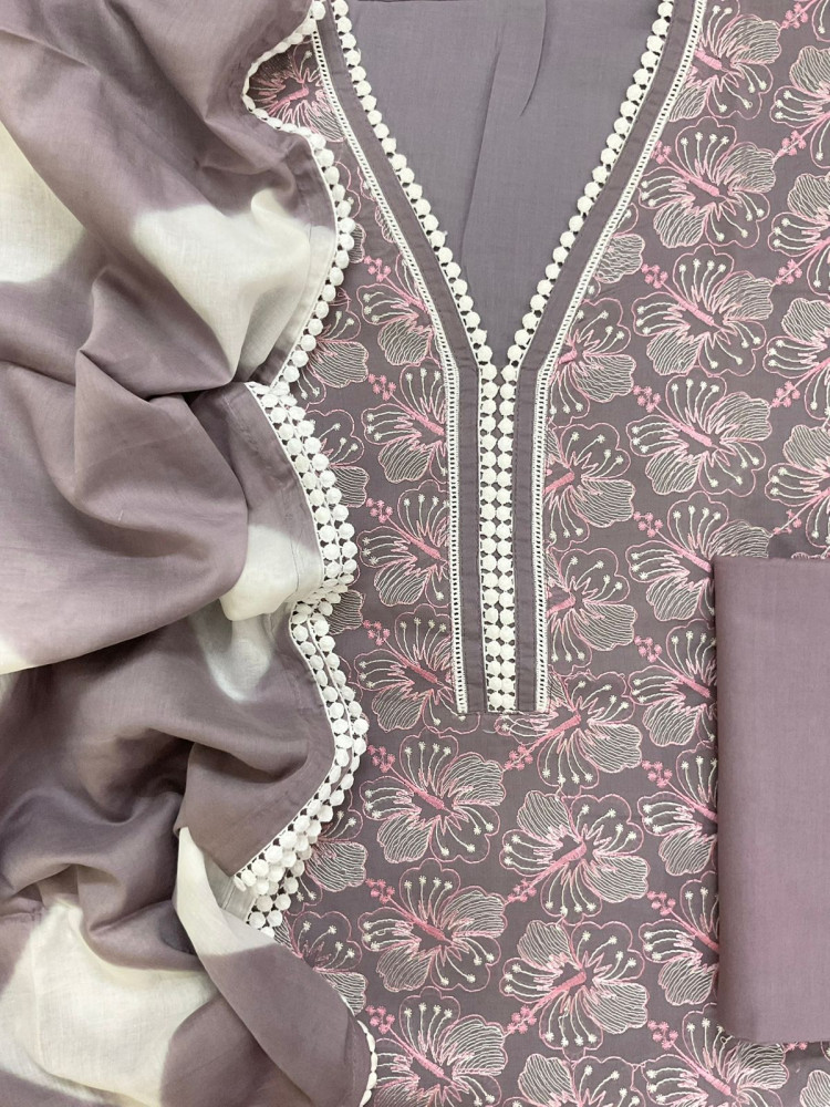 Image of Pure Cotton Printed Embroidered Suit - Mauve