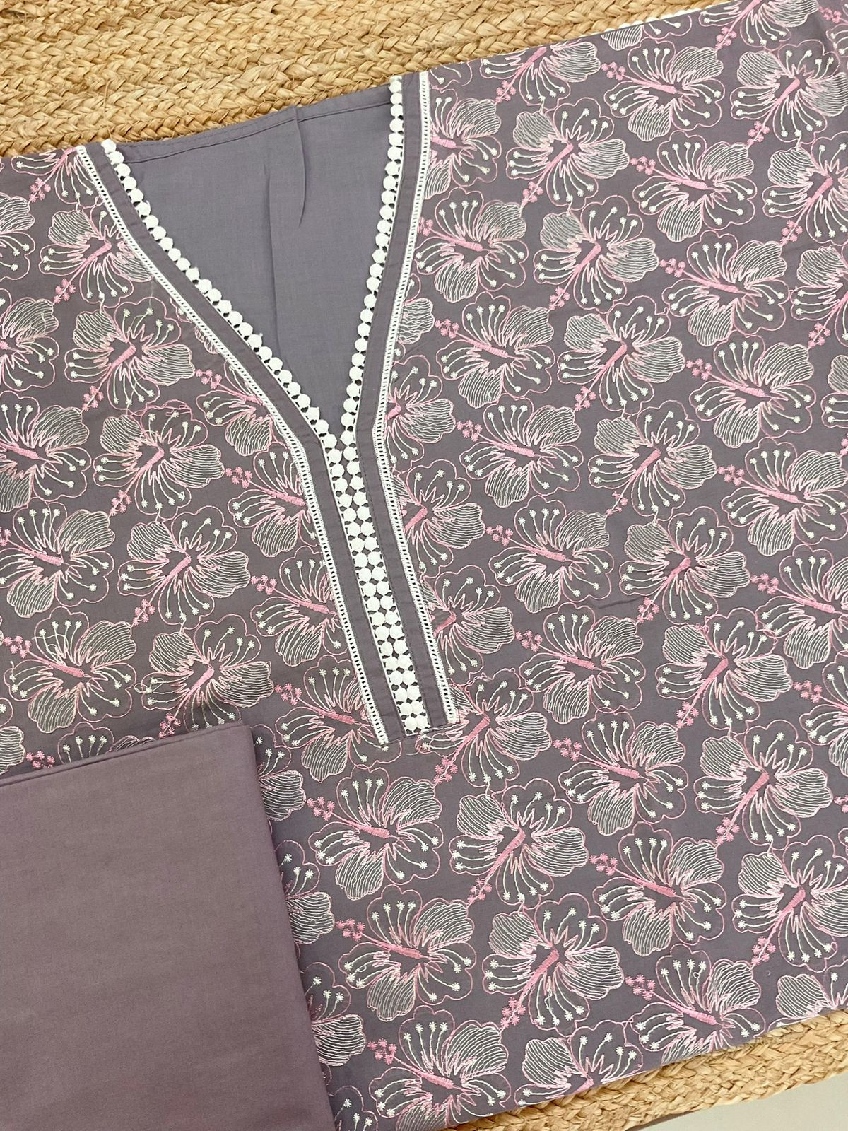 Pure Cotton Printed Embroidered Suit - Mauve