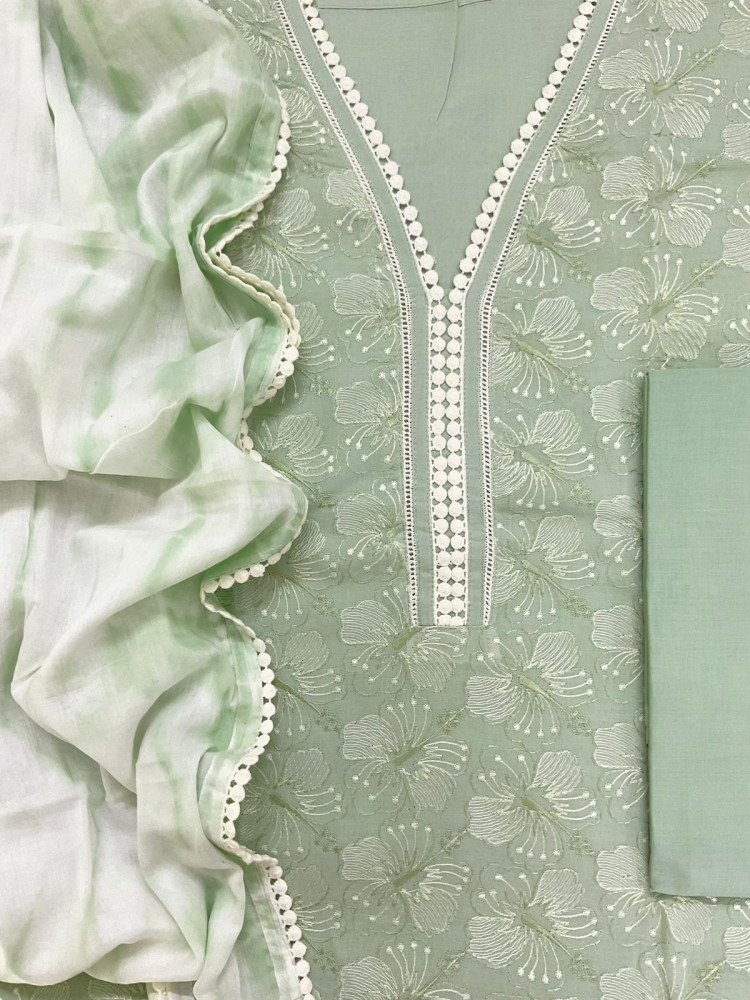 Image of Pure Cotton Printed Embroidered Suit - Green