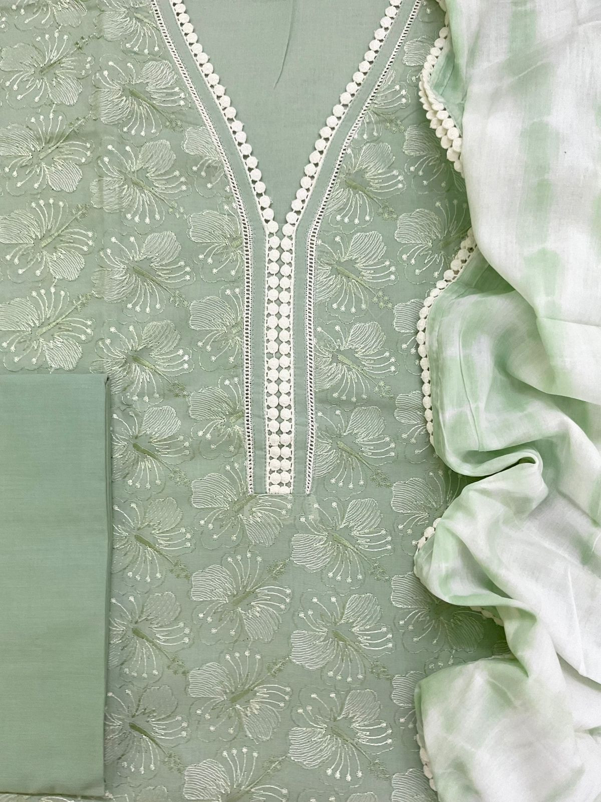 Pure Cotton Printed Embroidered Suit - Green