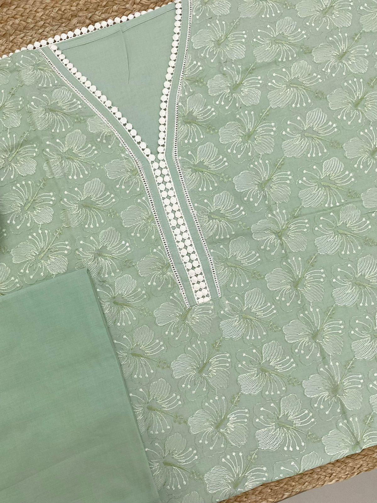 Pure Cotton Printed Embroidered Suit - Green