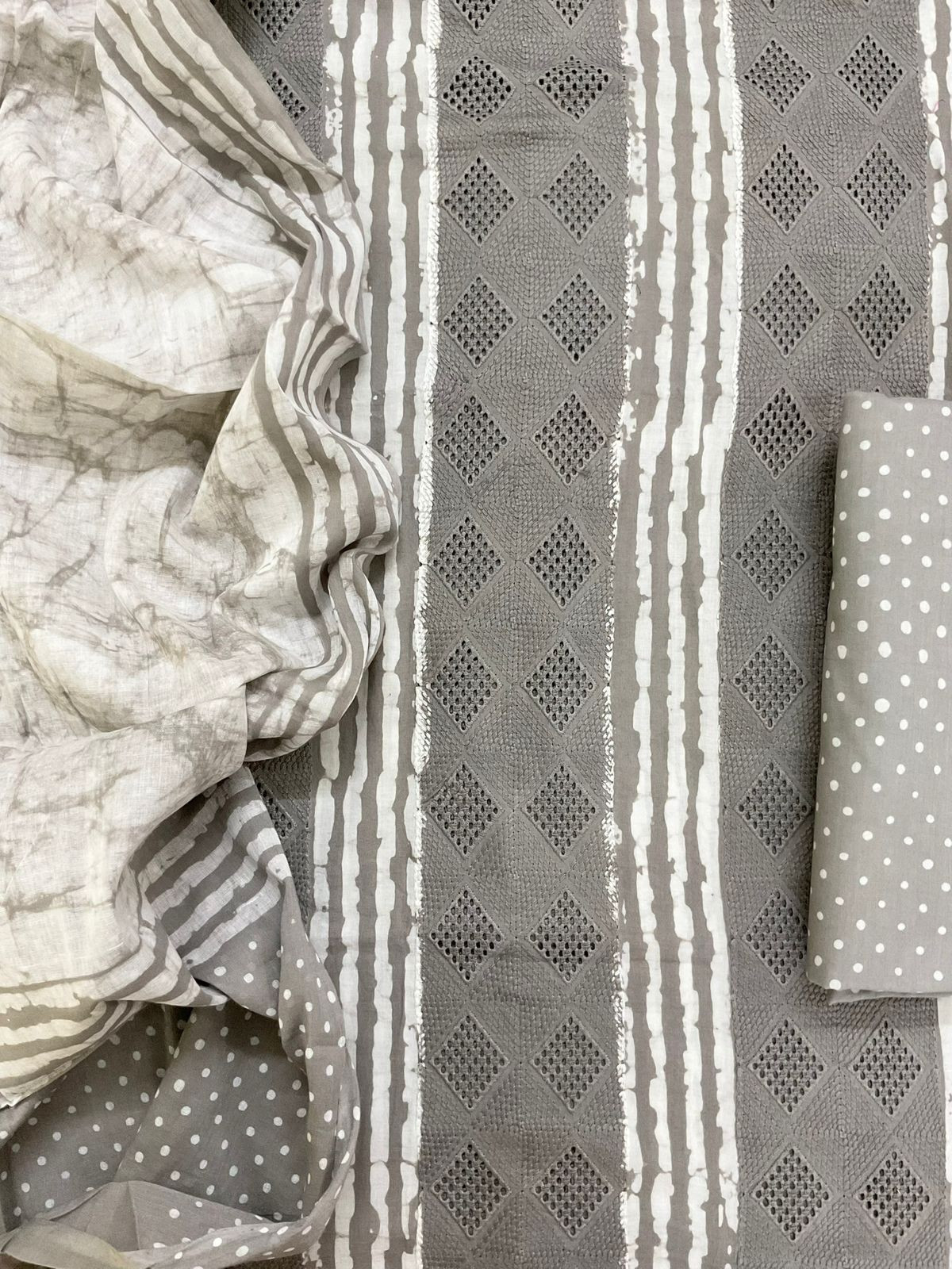 Pure Cotton Batik Printed Embroidered Suit - Grey