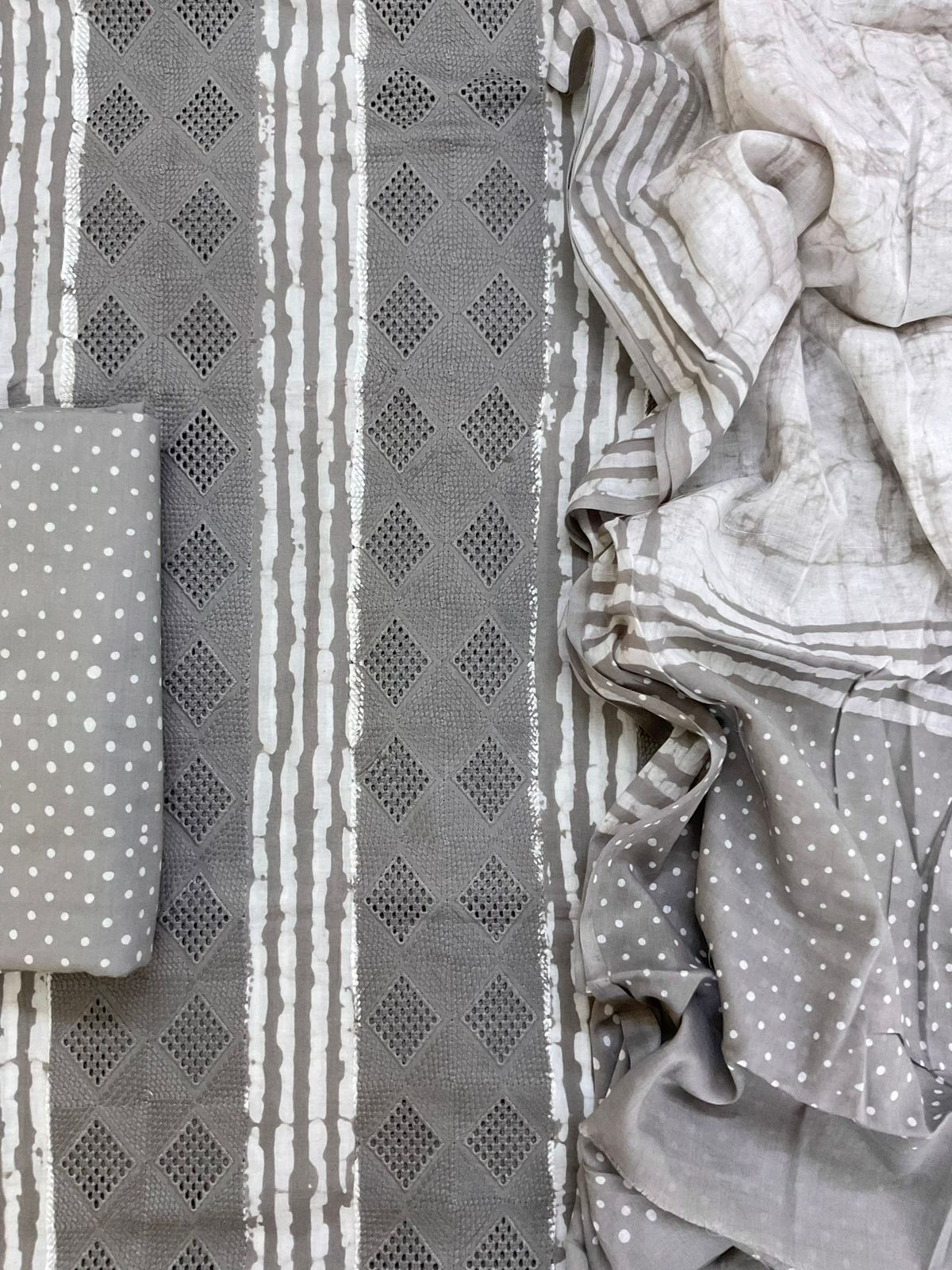 Pure Cotton Batik Printed Embroidered Suit - Grey