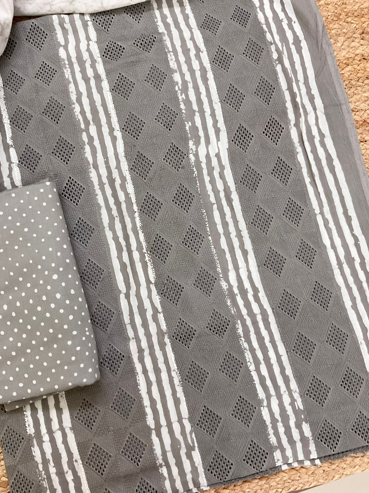 Pure Cotton Batik Printed Embroidered Suit - Grey