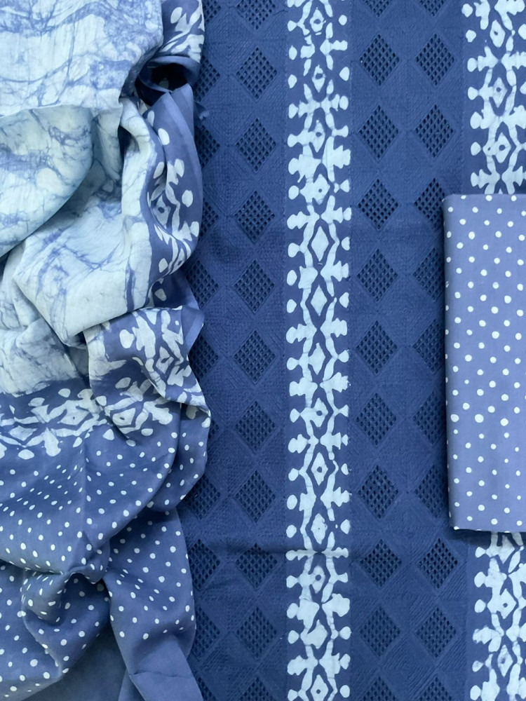 Image of Pure Cotton Batik Printed Embroidered Suit - Blue