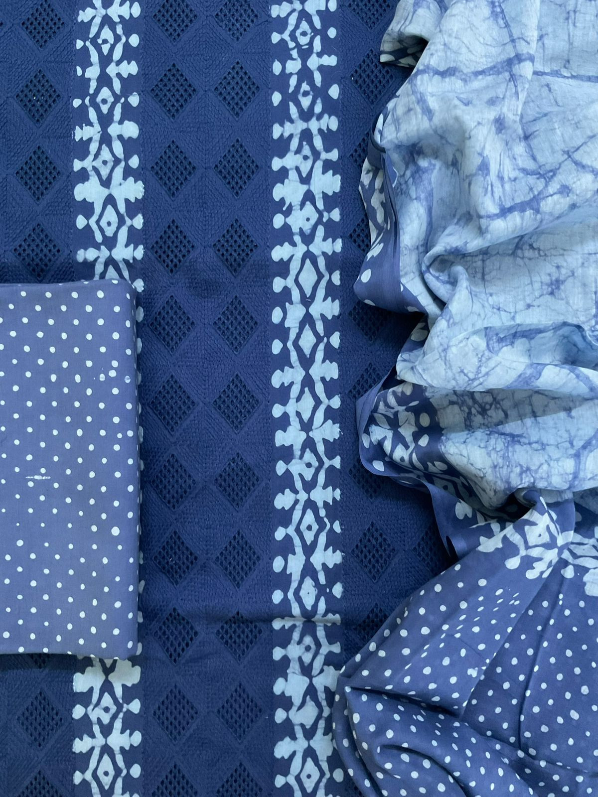 Pure Cotton Batik Printed Embroidered Suit - Blue
