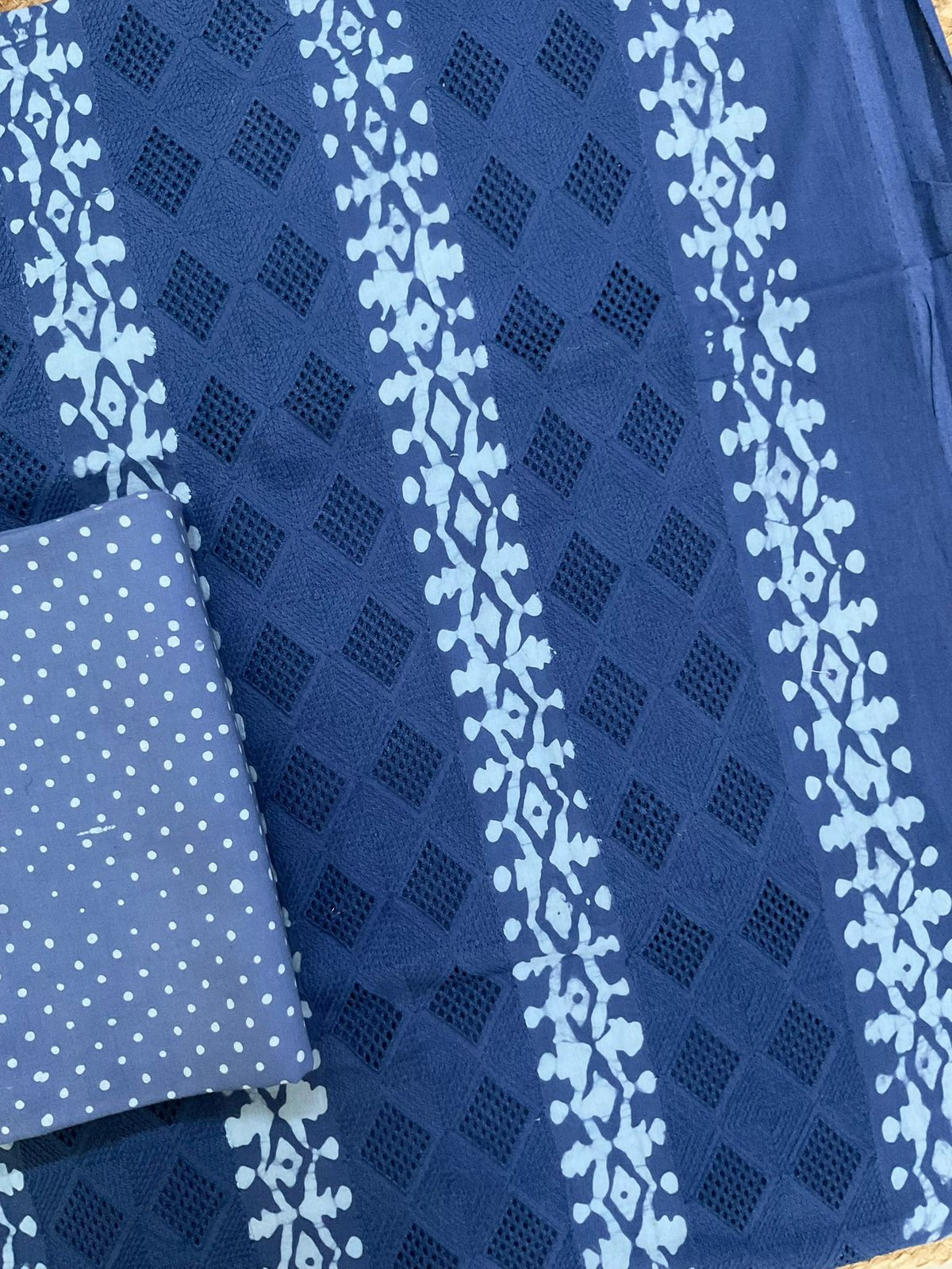 Pure Cotton Batik Printed Embroidered Suit - Blue