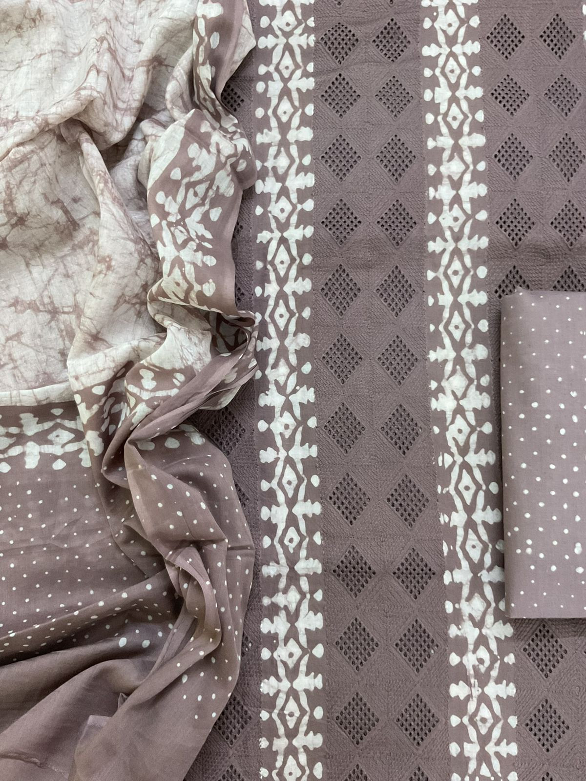 Pure Cotton Batik Printed Embroidered Suit - Brown