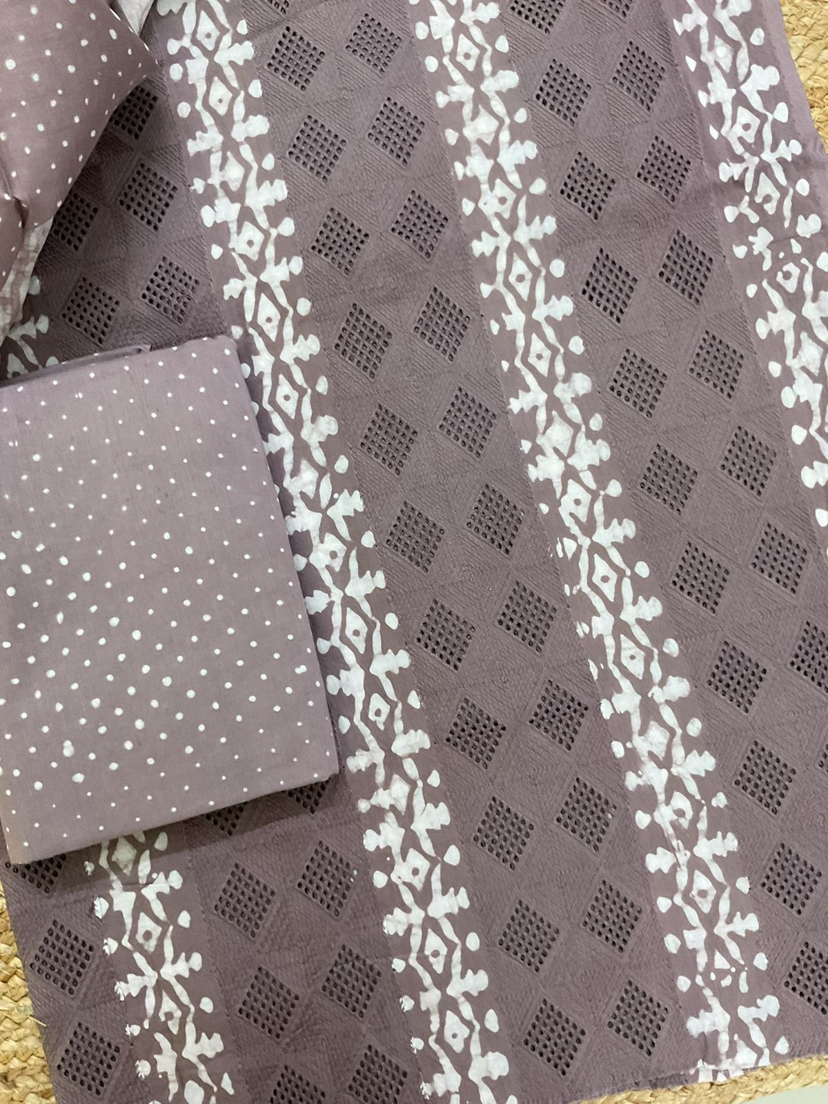 Pure Cotton Batik Printed Embroidered Suit - Brown