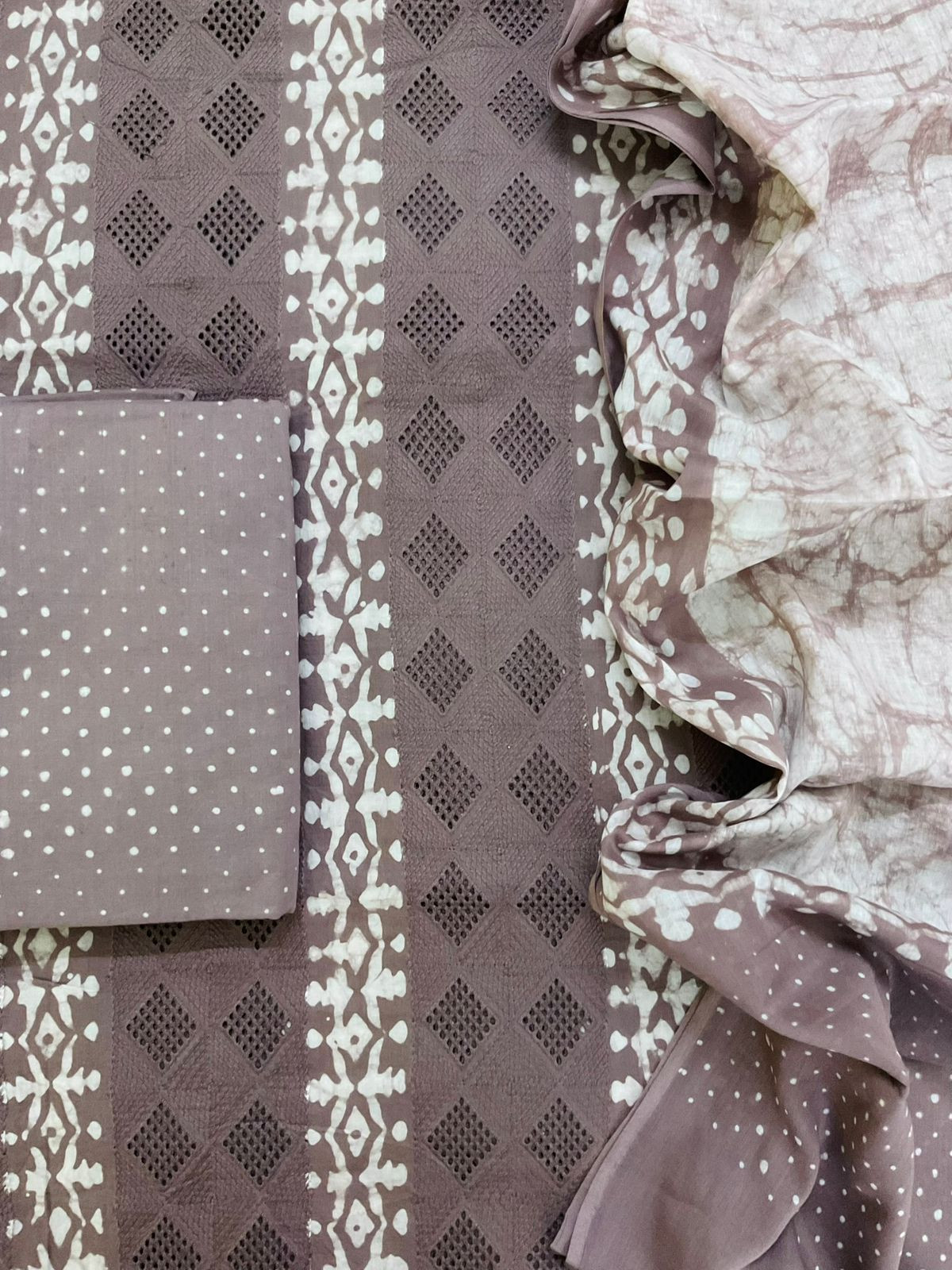 Pure Cotton Batik Printed Embroidered Suit - Brown