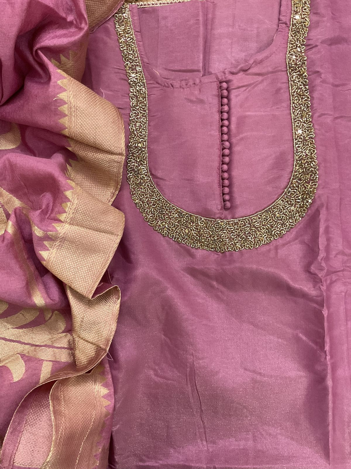 Soft Tissue Shimmer Silk Banarasi Weaved Embroidered Suit - Mauve