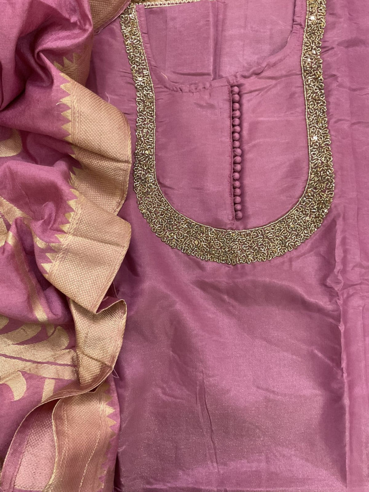 Image of Soft Tissue Shimmer Silk Banarasi Weaved Embroidered Suit - Mauve