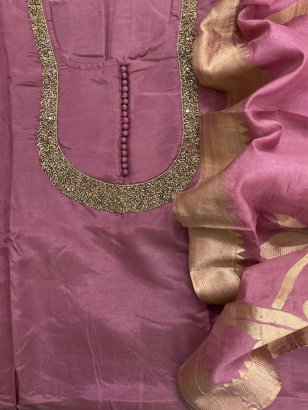 Soft Tissue Shimmer Silk Banarasi Weaved Embroidered Suit - Mauve