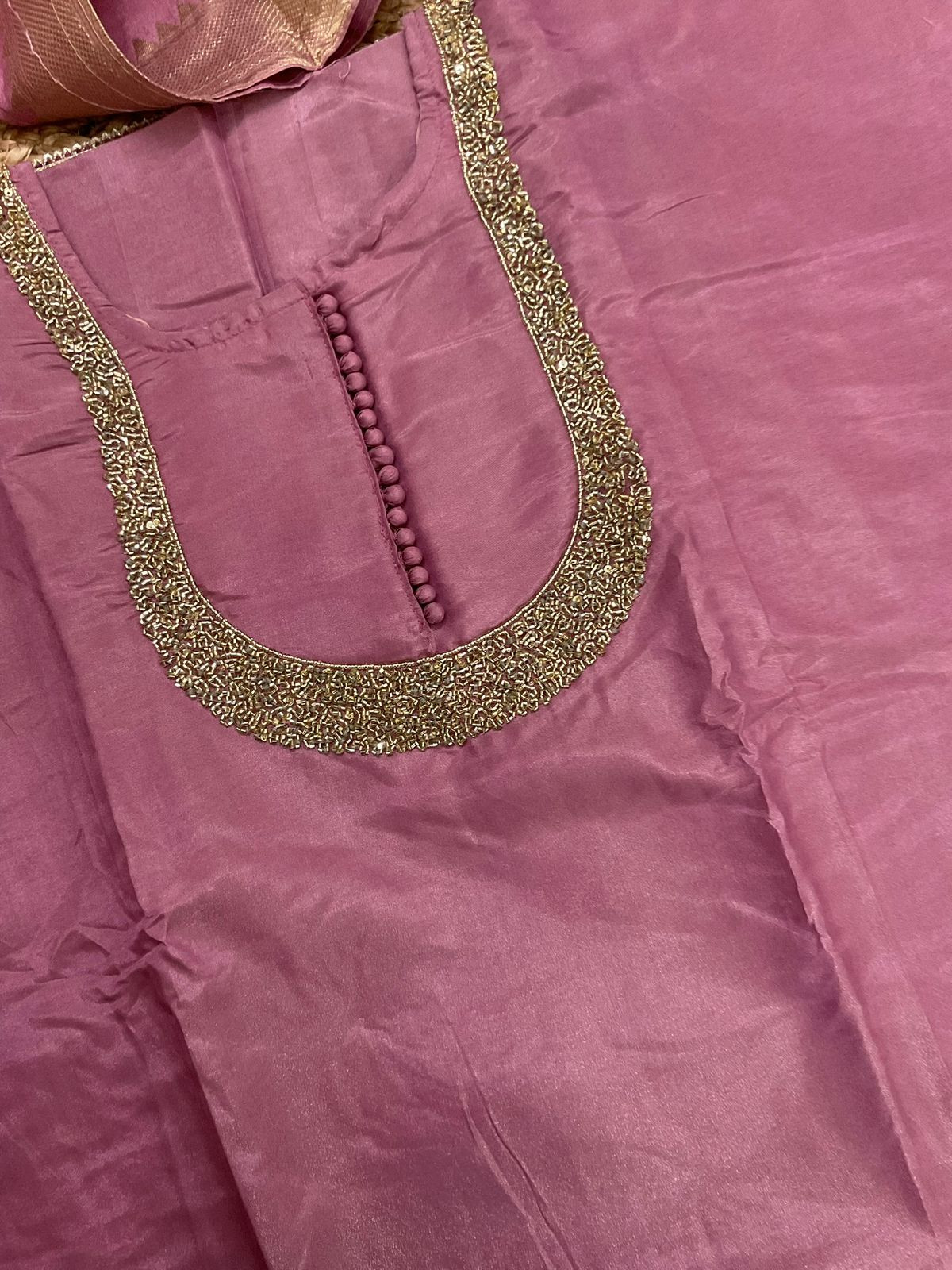 Soft Tissue Shimmer Silk Banarasi Weaved Embroidered Suit - Mauve
