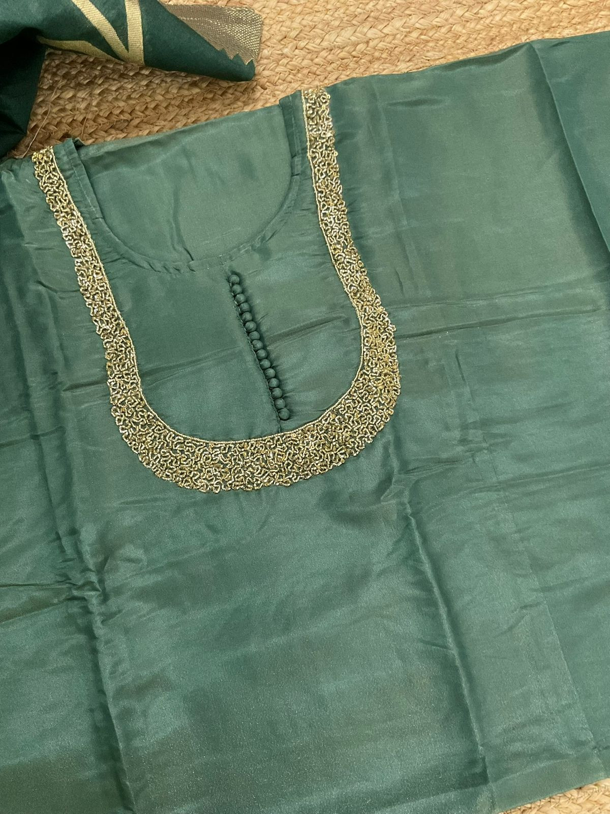 Soft Tissue Shimmer Silk Banarasi Weaved Embroidered Suit - Green