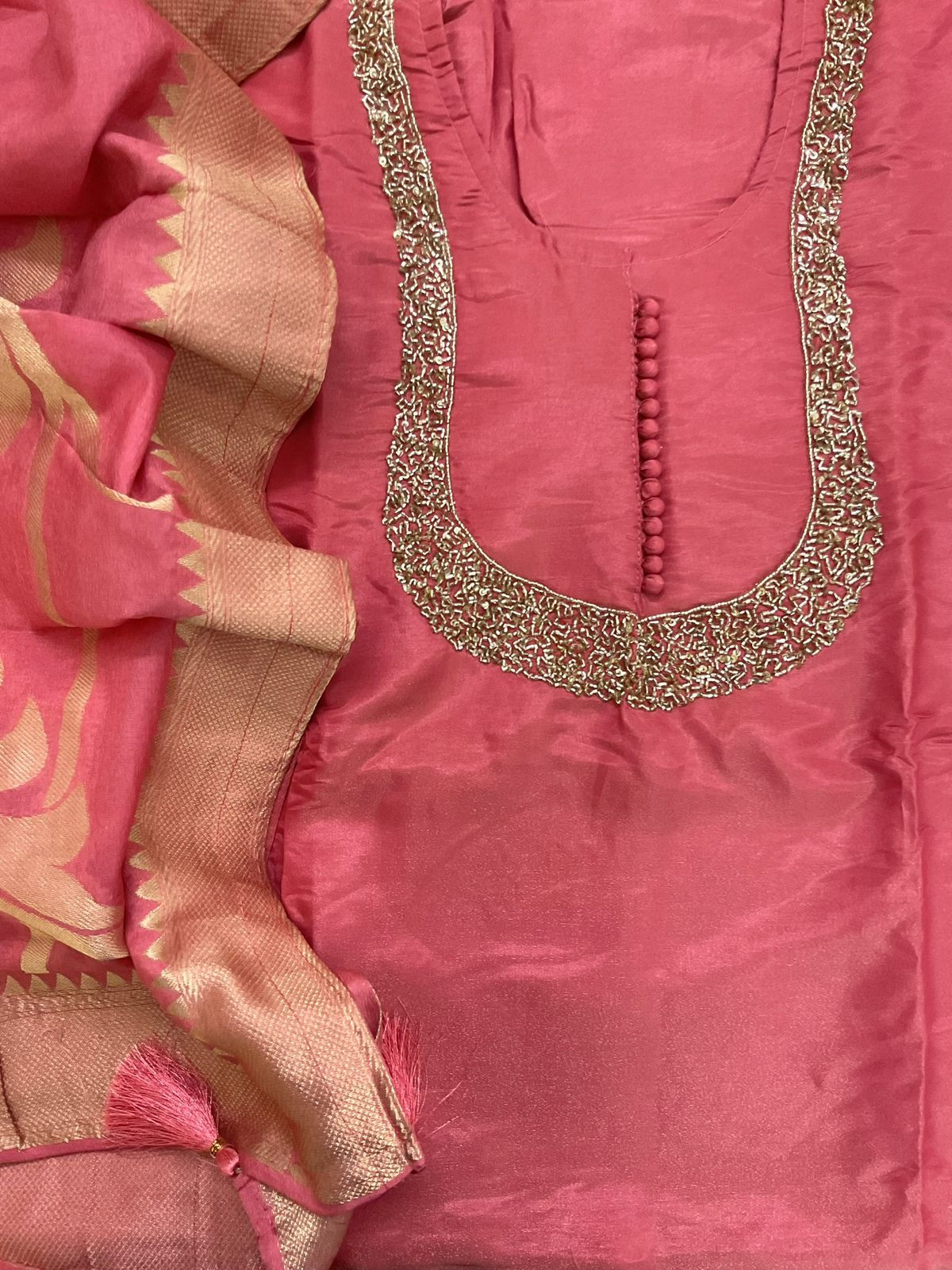 Soft Tissue Shimmer Silk Banarasi Weaved Embroidered Suit - Peach