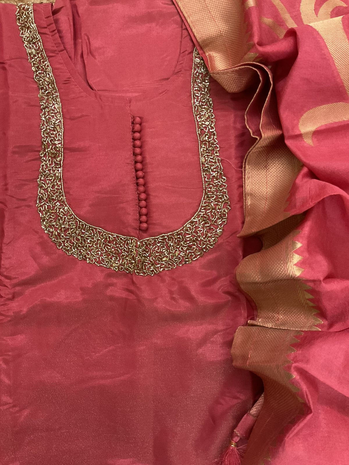 Soft Tissue Shimmer Silk Banarasi Weaved Embroidered Suit - Peach