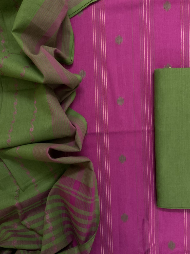 Image of Pure Handloom Cotton Self Weaved Suit - Wine